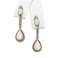 Vintage Silver Topped Yellow Gold 1.85tcw Opal Drop & Diamond Earrings