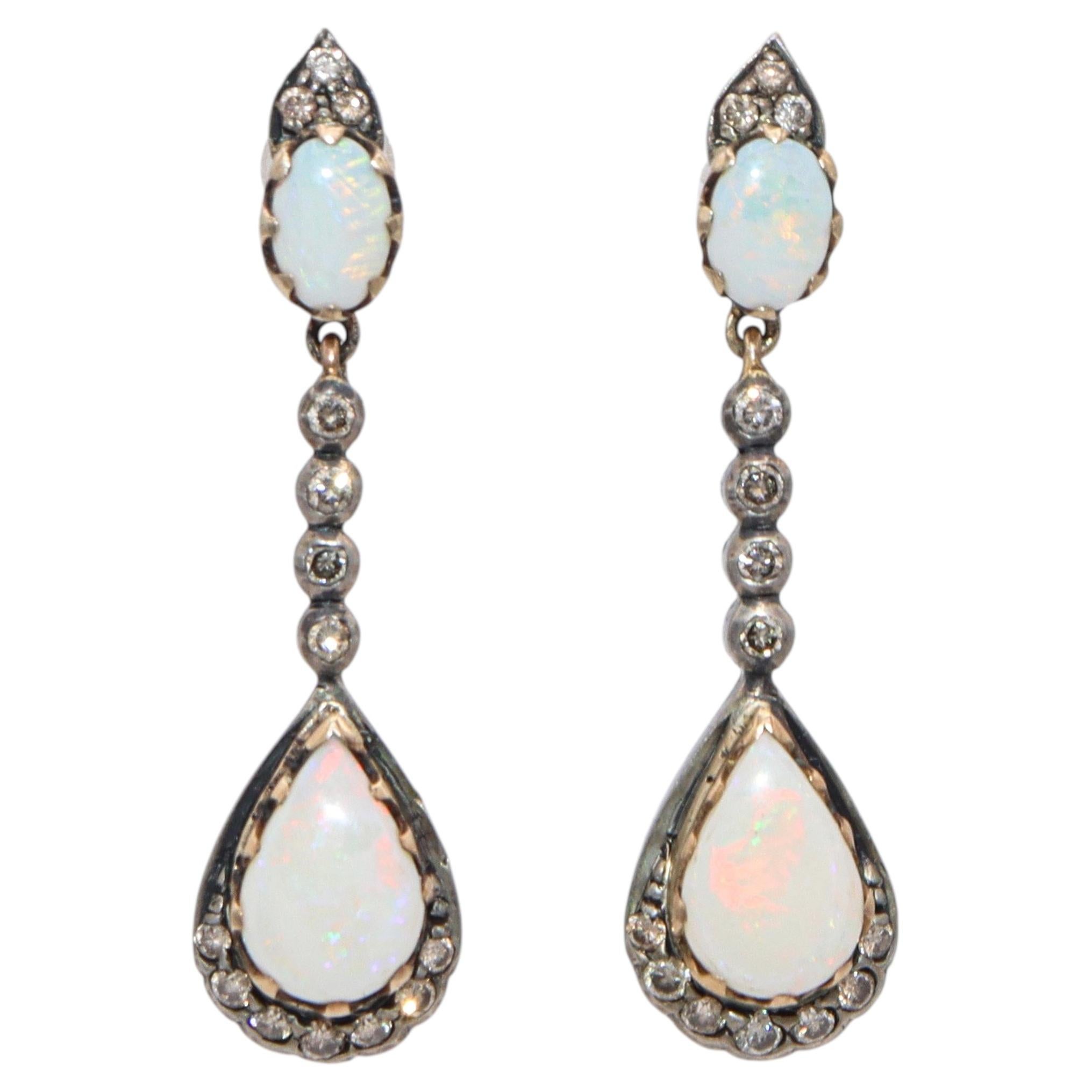 Vintage Silver Topped Yellow Gold 1.85tcw Opal Drop & Diamond Earrings