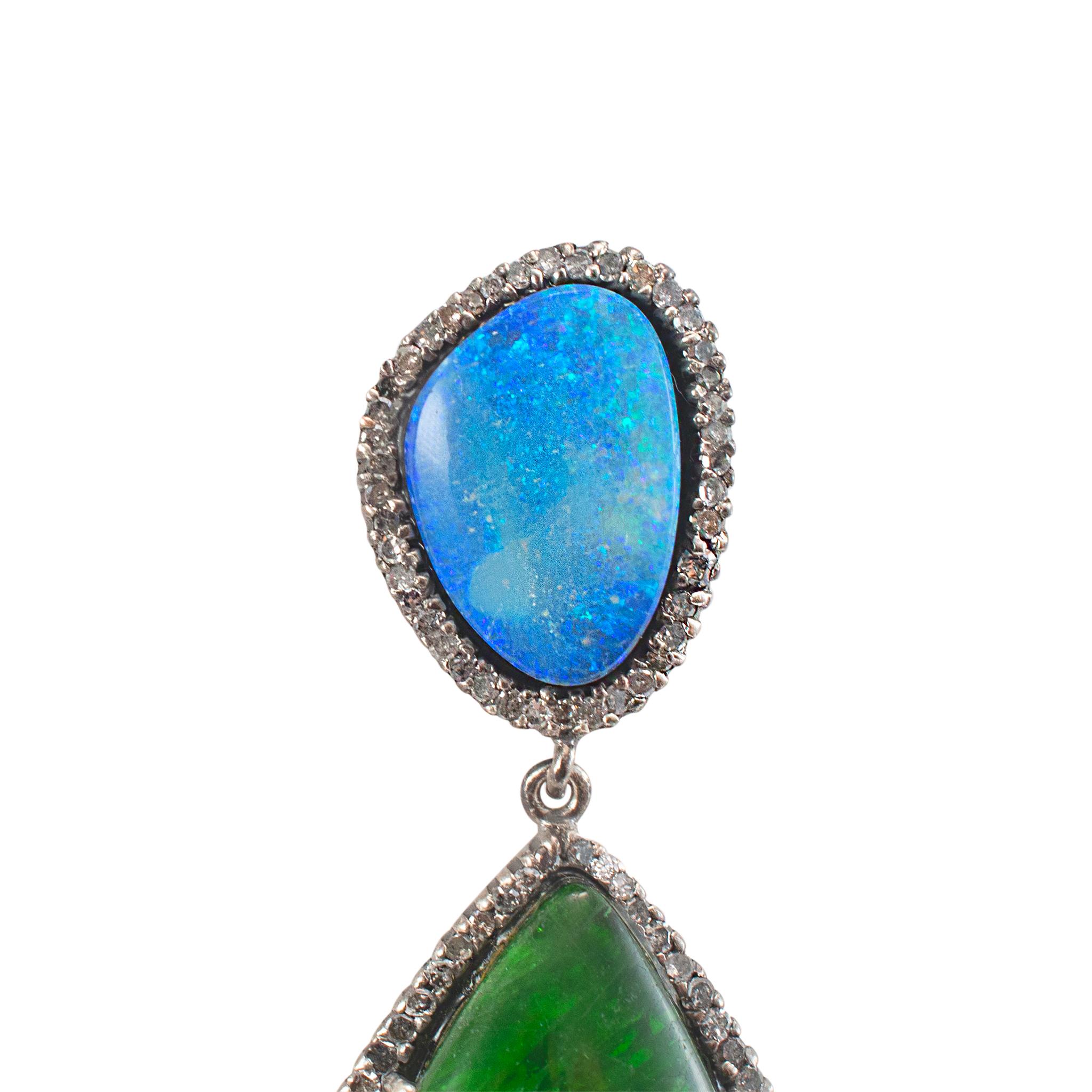 Tropfenohrringe aus Silber, Turmalin, Opal, mehrfarbigem Saphir und Diamant im Zustand „Hervorragend“ im Angebot in Houston, TX