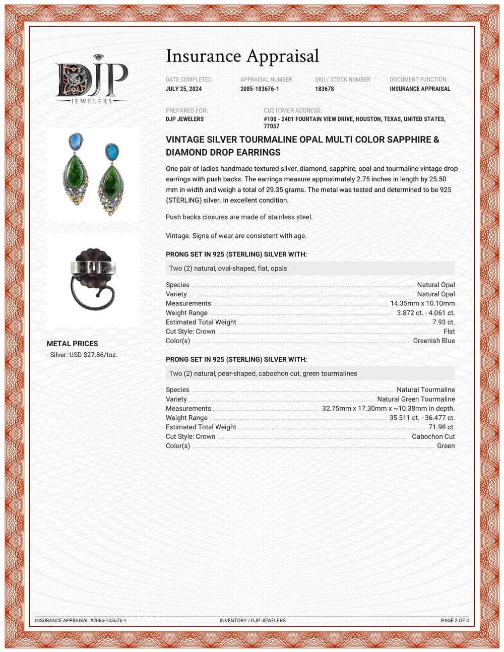 Tropfenohrringe aus Silber, Turmalin, Opal, mehrfarbigem Saphir und Diamant im Angebot 4