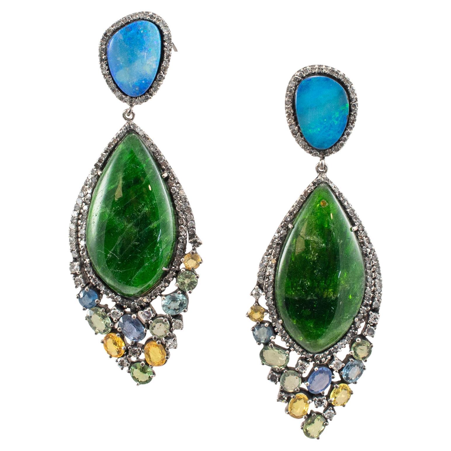 Vintage Silver Tourmaline Opal Multi Color Sapphire & Diamond Drop Earrings