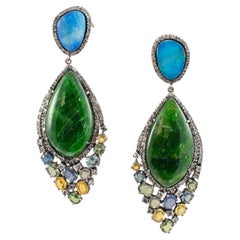 Vintage Silver Tourmaline Opal Multi Color Sapphire & Diamond Drop Earrings