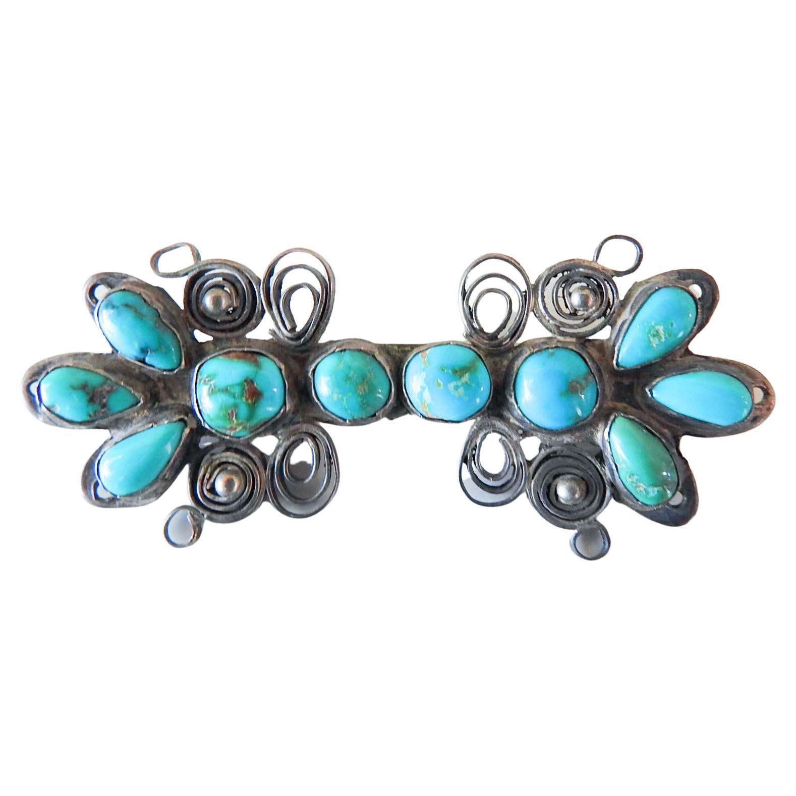 Vintage Silver & Turquoise Native American Handmade Brooch For Sale