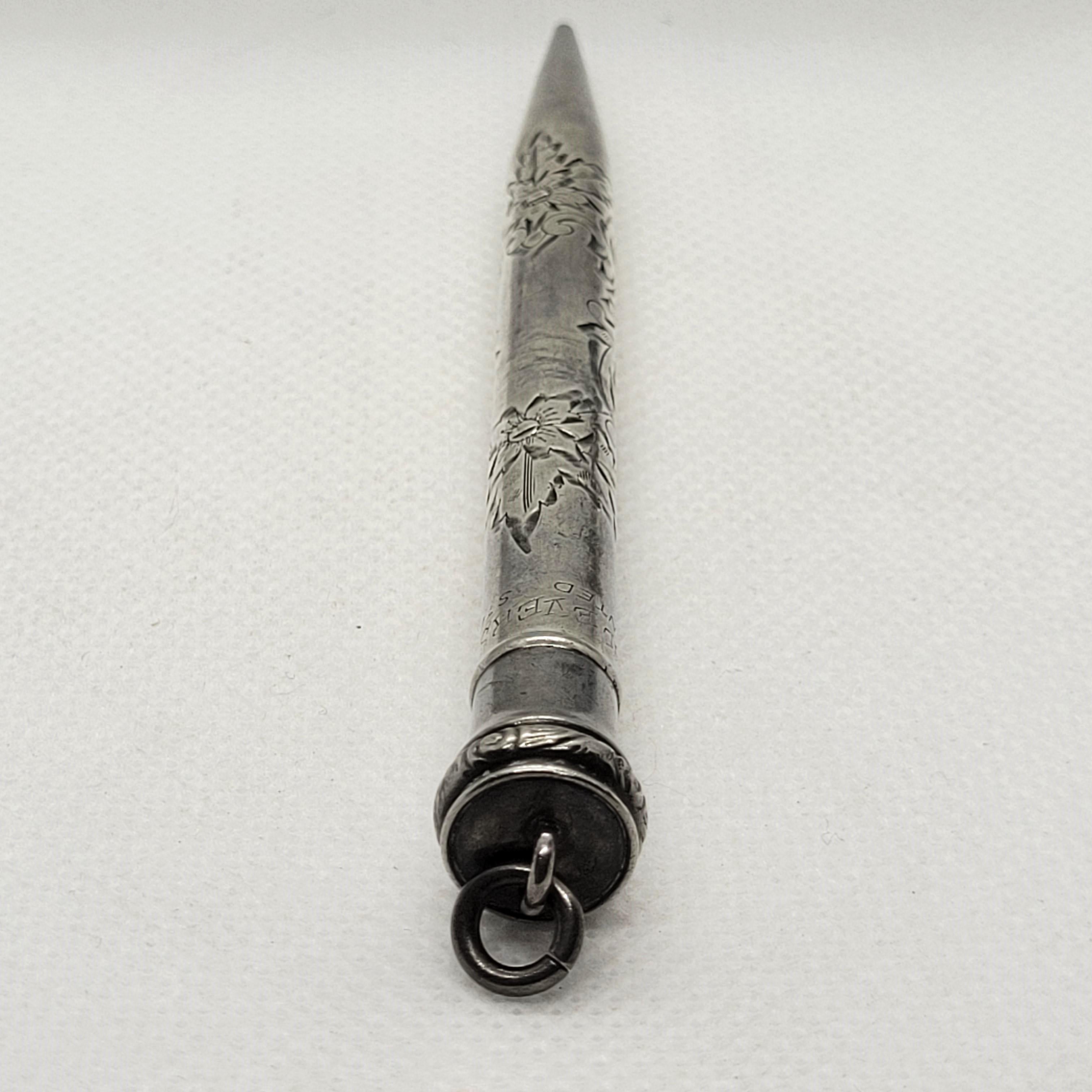Silver Wahl Eversharp vintage pencil, dating back to the early 1900s. The pencil measures 4 inches in length, 8 mm in width, and is stamped with 
