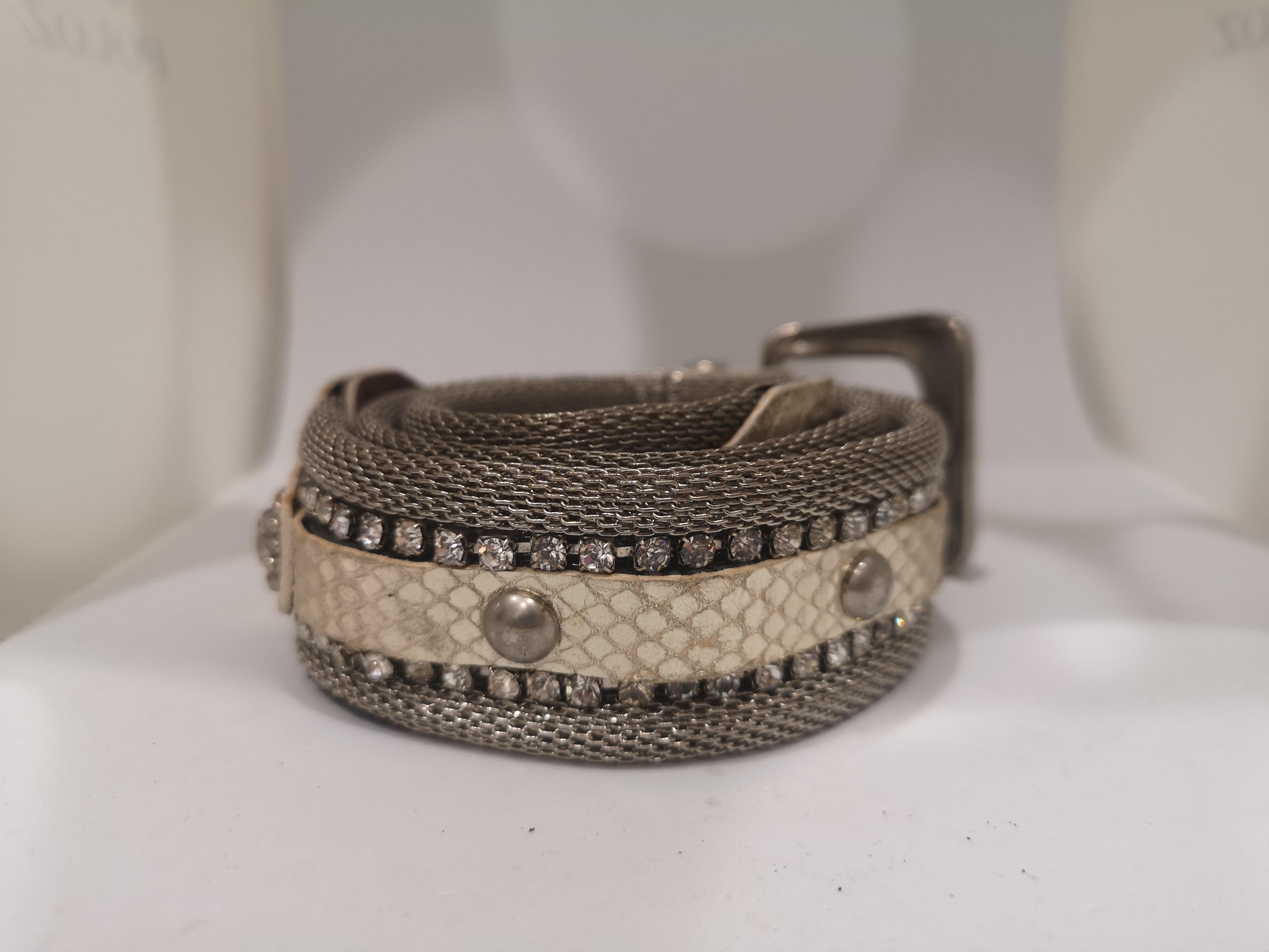 Women's or Men's Vintage silver with gold tone leather swarovski stones belt For Sale