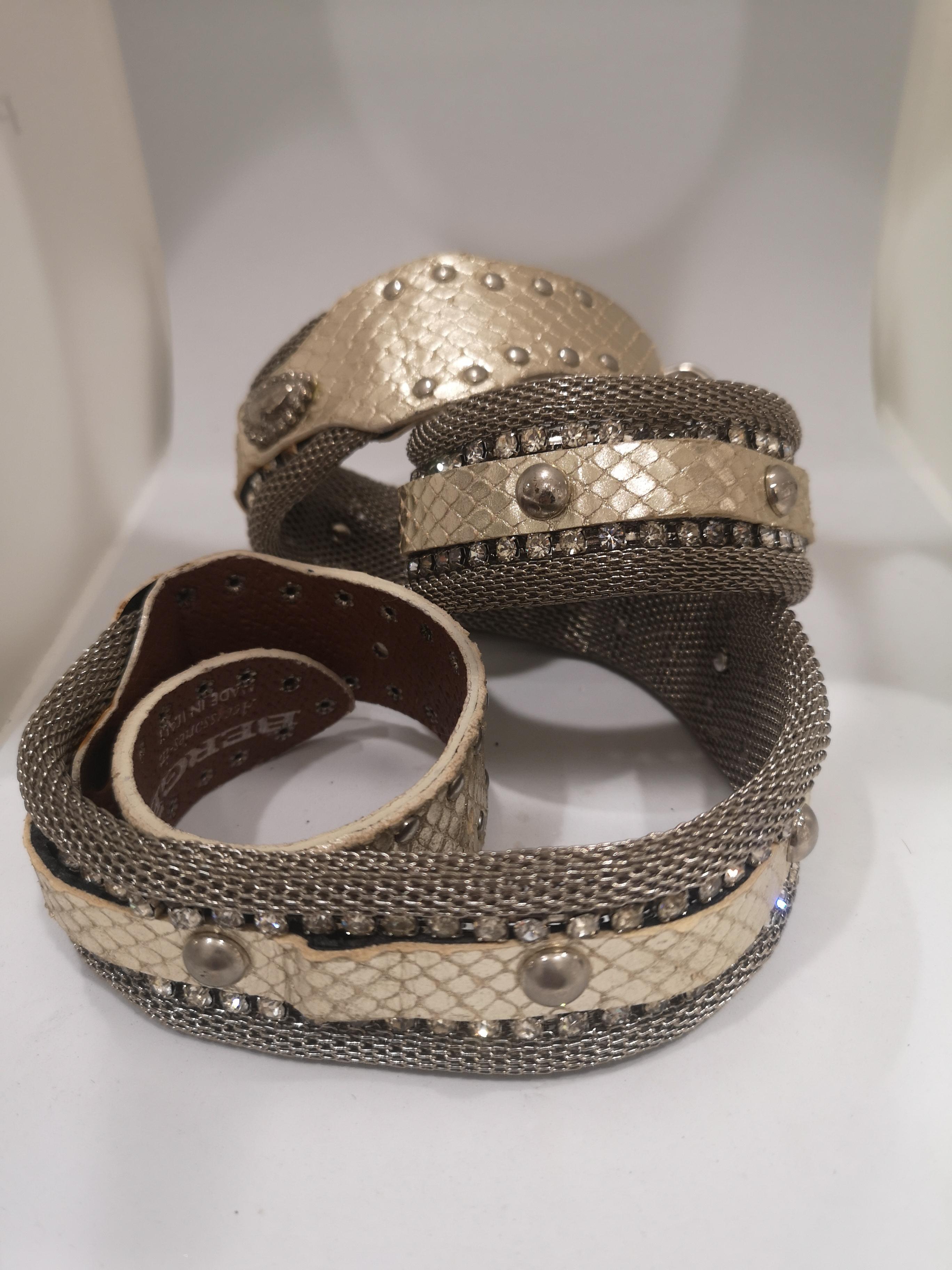 Vintage silver with gold tone leather swarovski stones belt For Sale 2