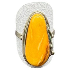 Vintage Artisan Silver Amber Cabochon Ring, Latvia, Mid-20th Century