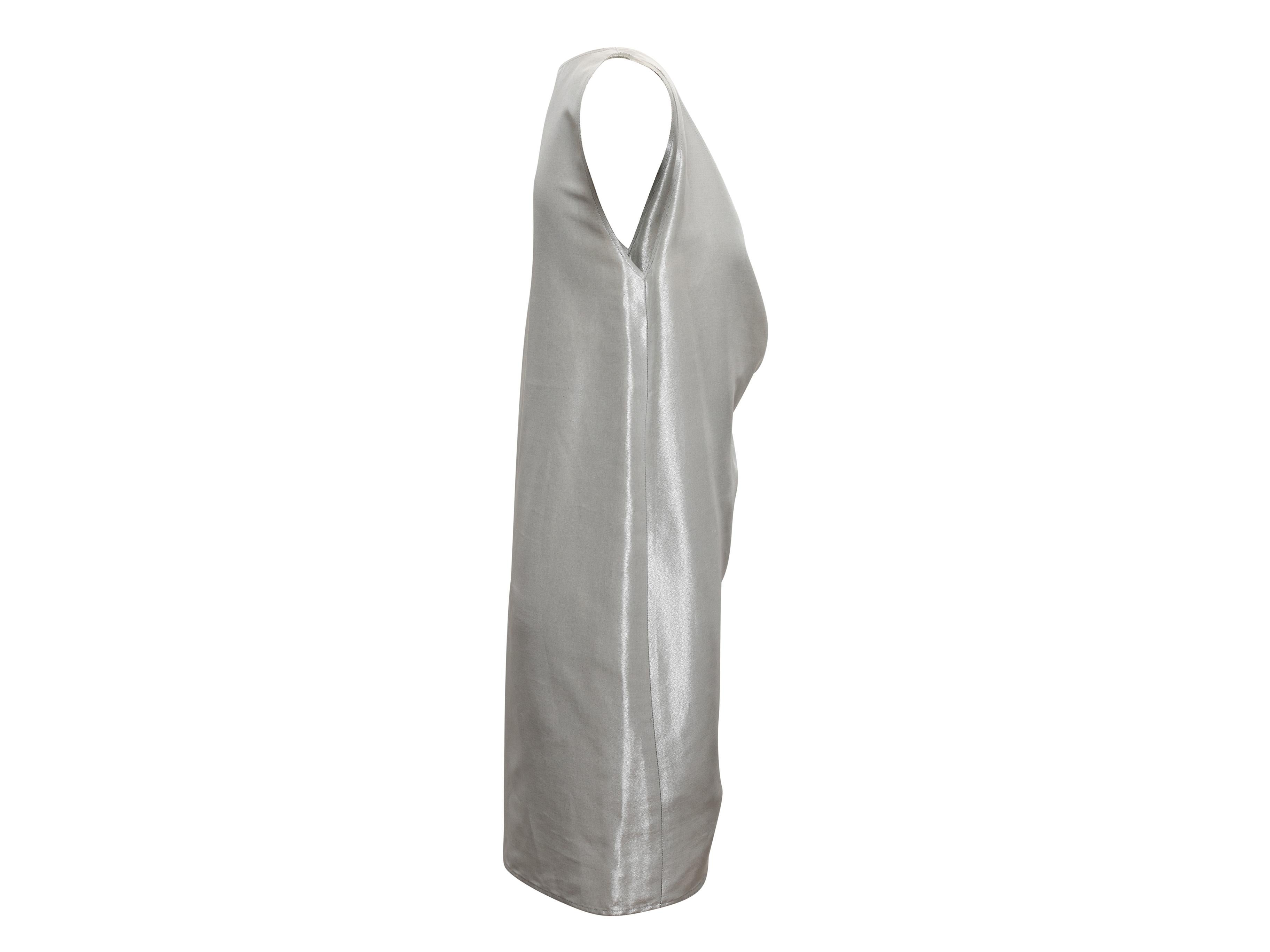 Vintage silver silk-blend sleeveless mini dress by Zoran. Draped front neckline. 28