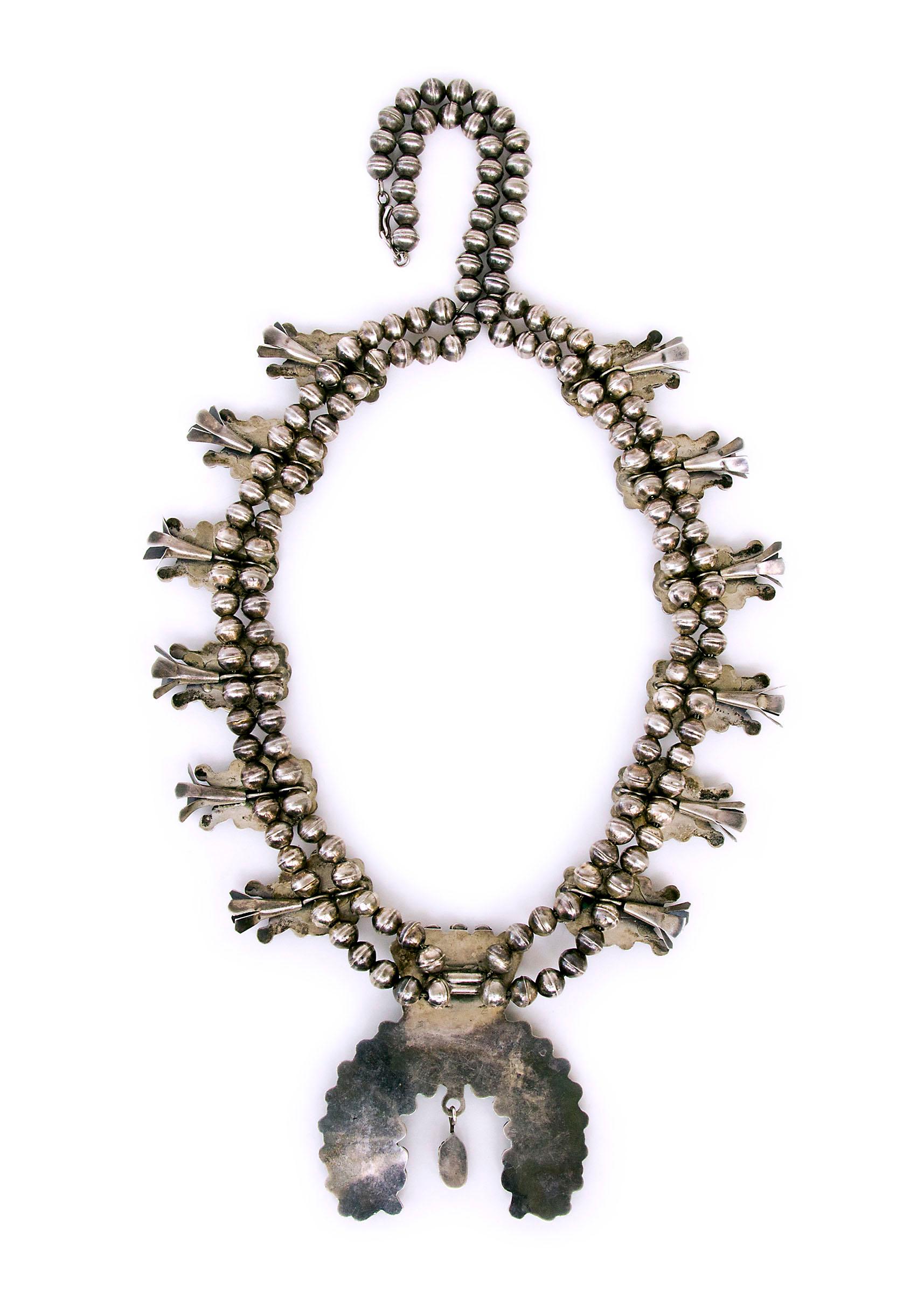 20th Century Vintage Silver Zuni Squash Blossom Necklace and Horse Shoe Naja with Turquoise