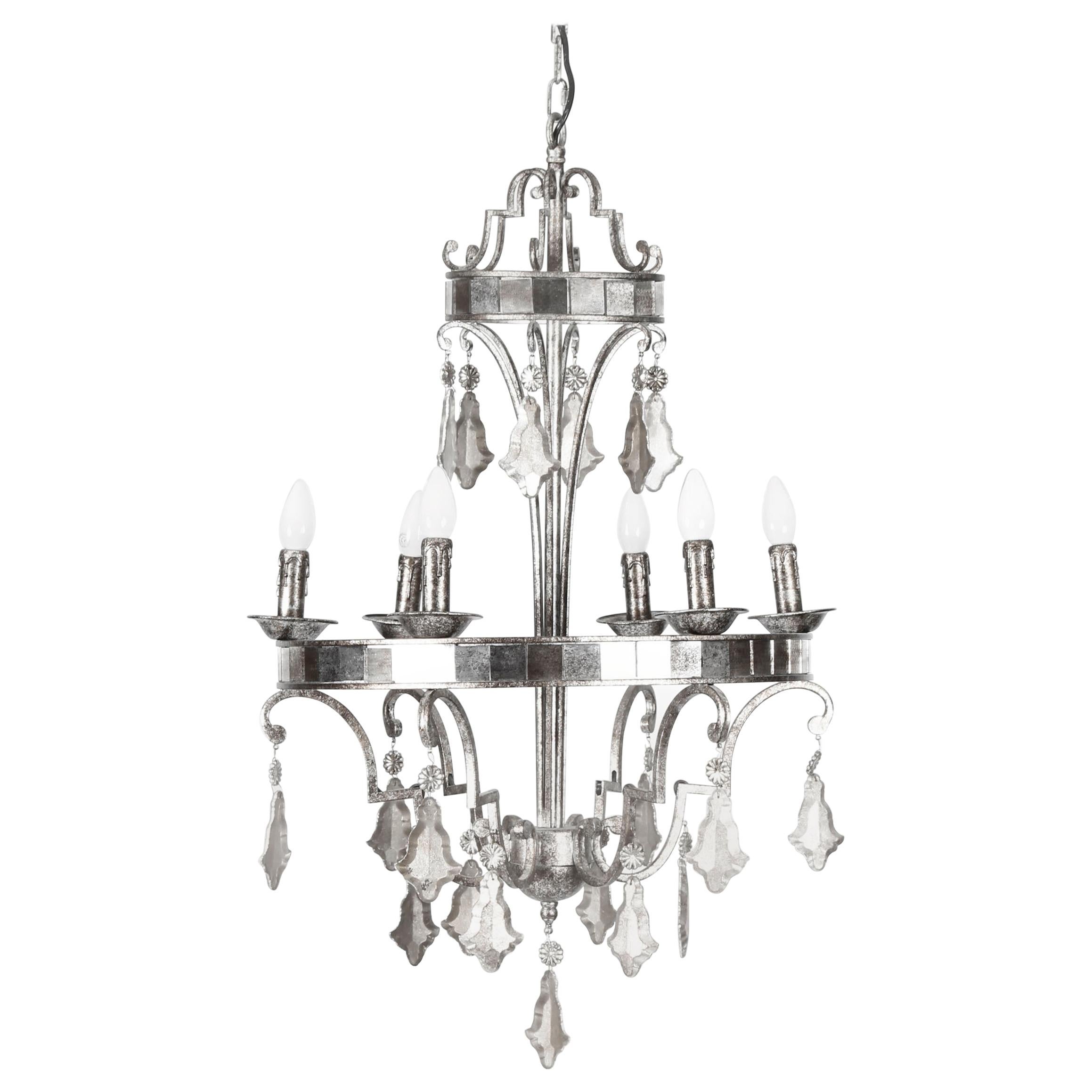 Vintage Silvered Bronze and Mirrored Chandelier, Late 20th Century For Sale