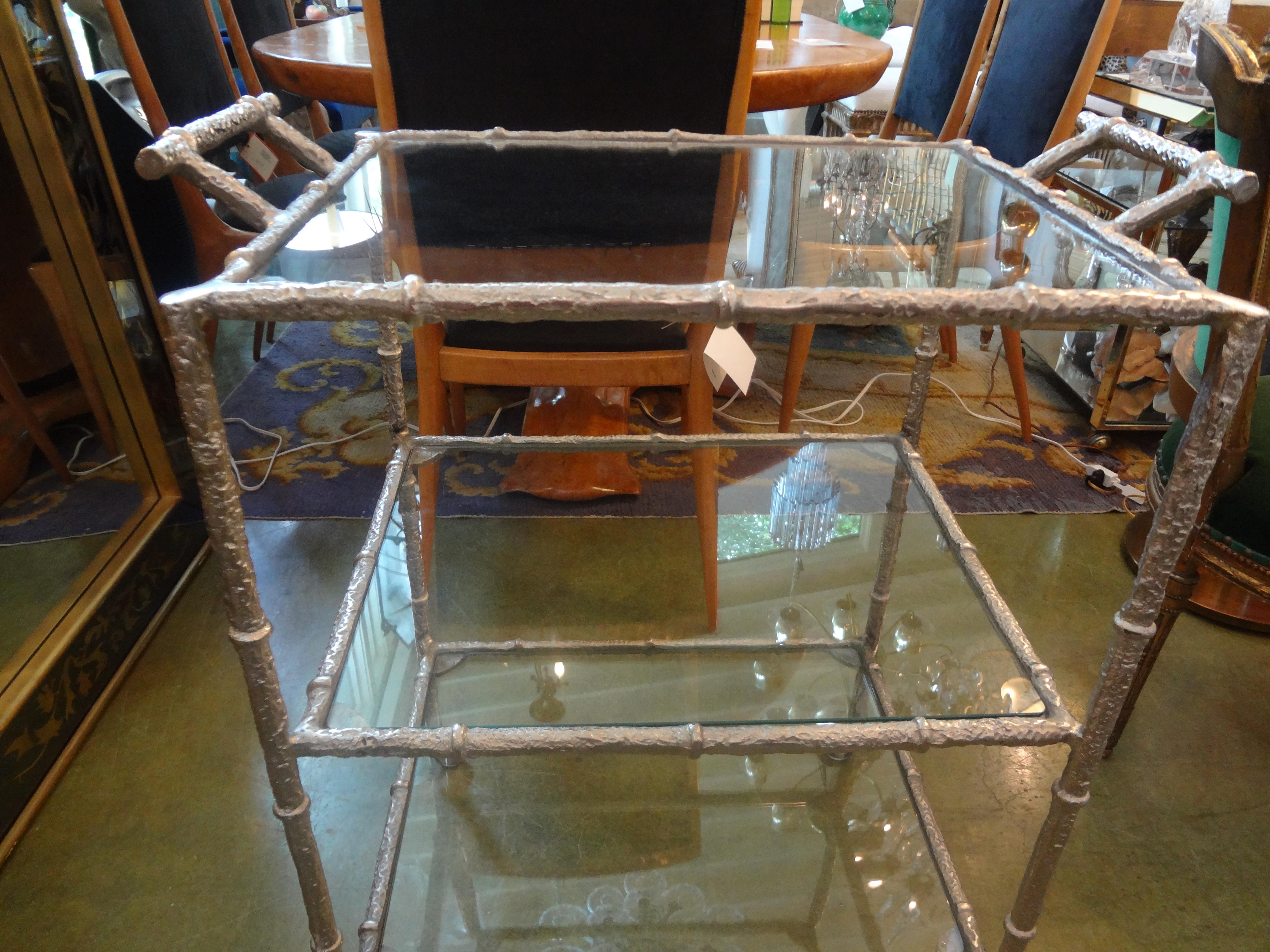 Vintage Silvered Metal Three Tiered Bar Cart In Good Condition In Houston, TX