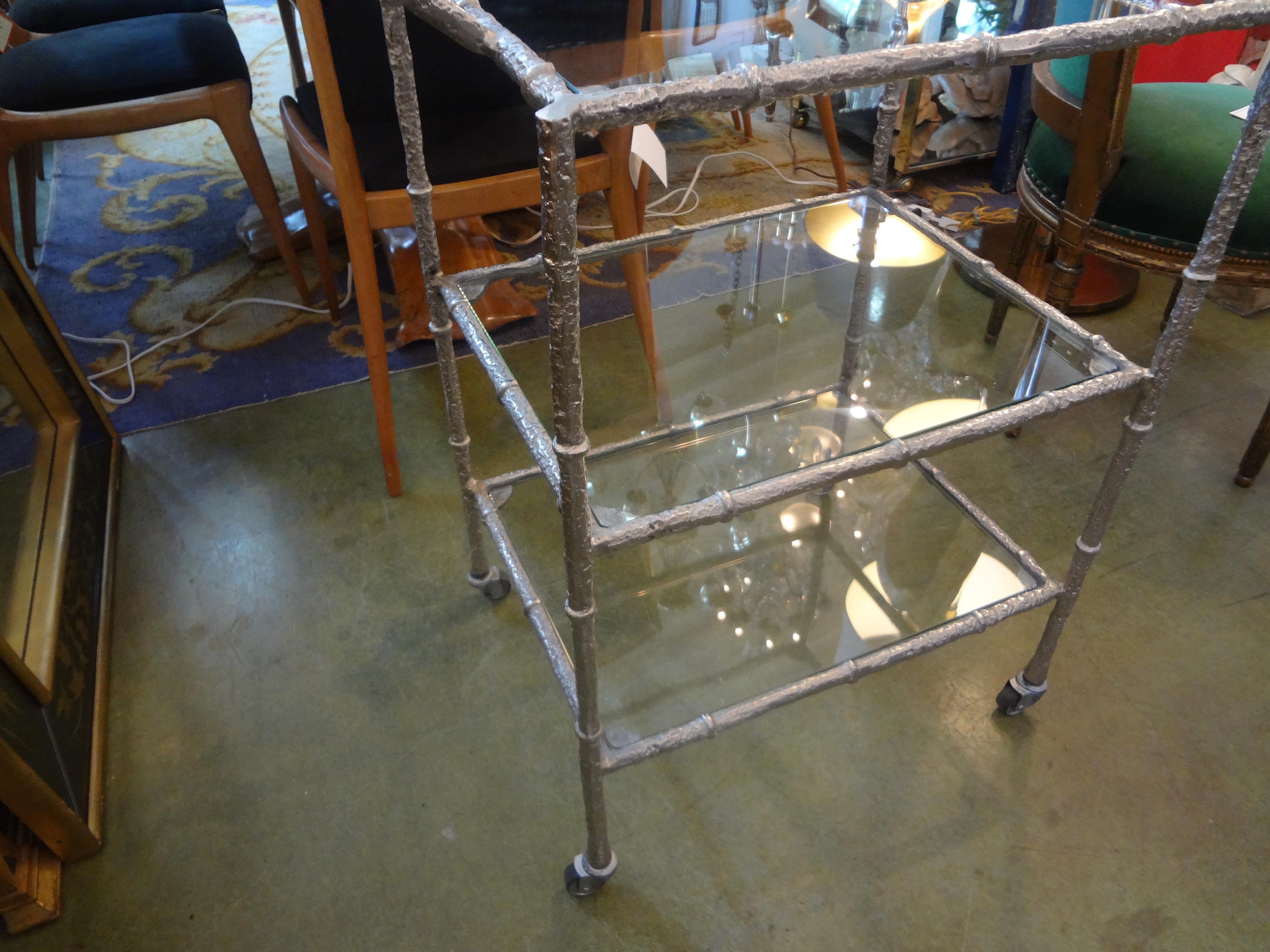 Glass Vintage Silvered Metal Three Tiered Bar Cart