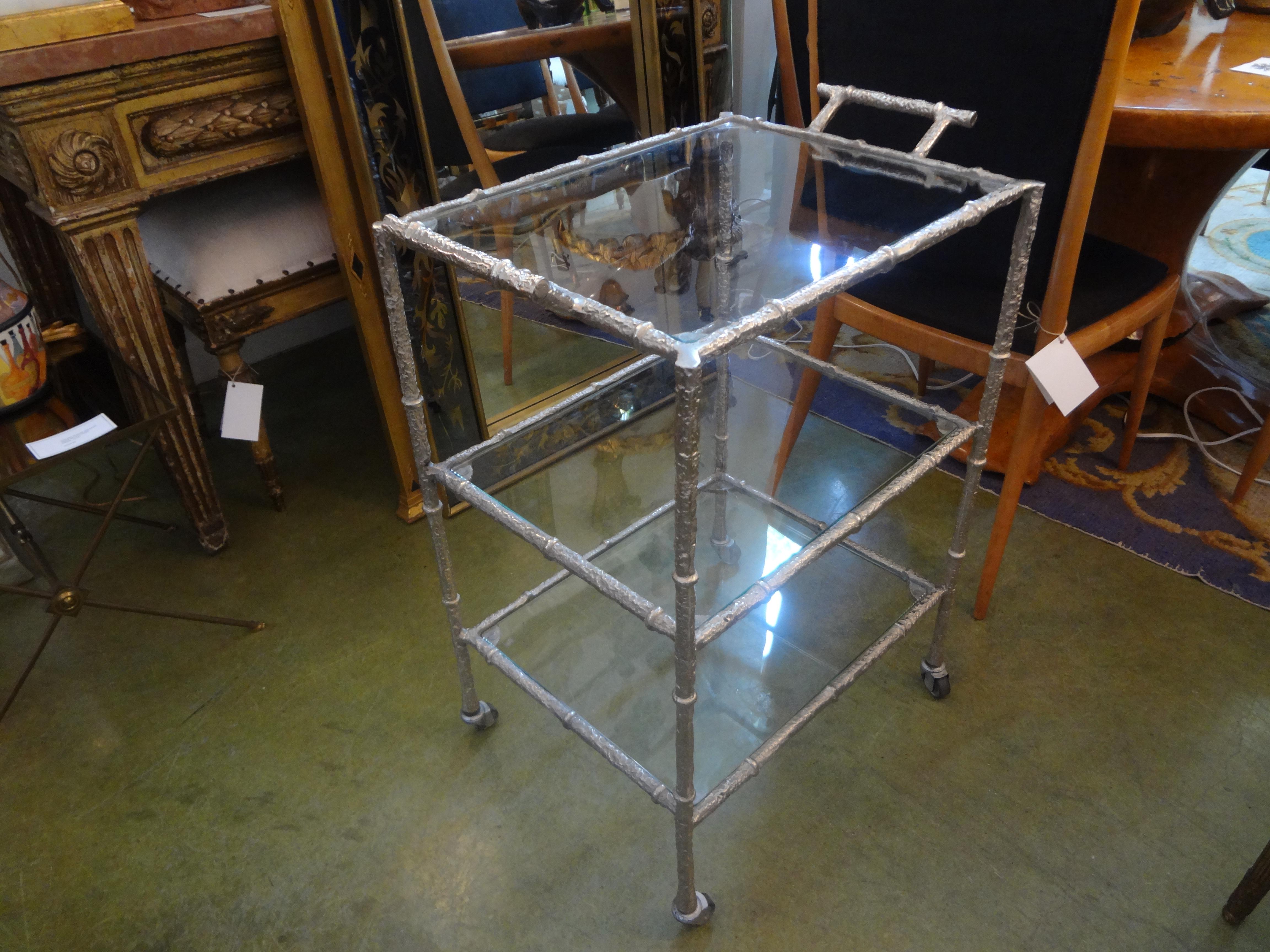 Vintage Silvered Metal Three Tiered Bar Cart 3