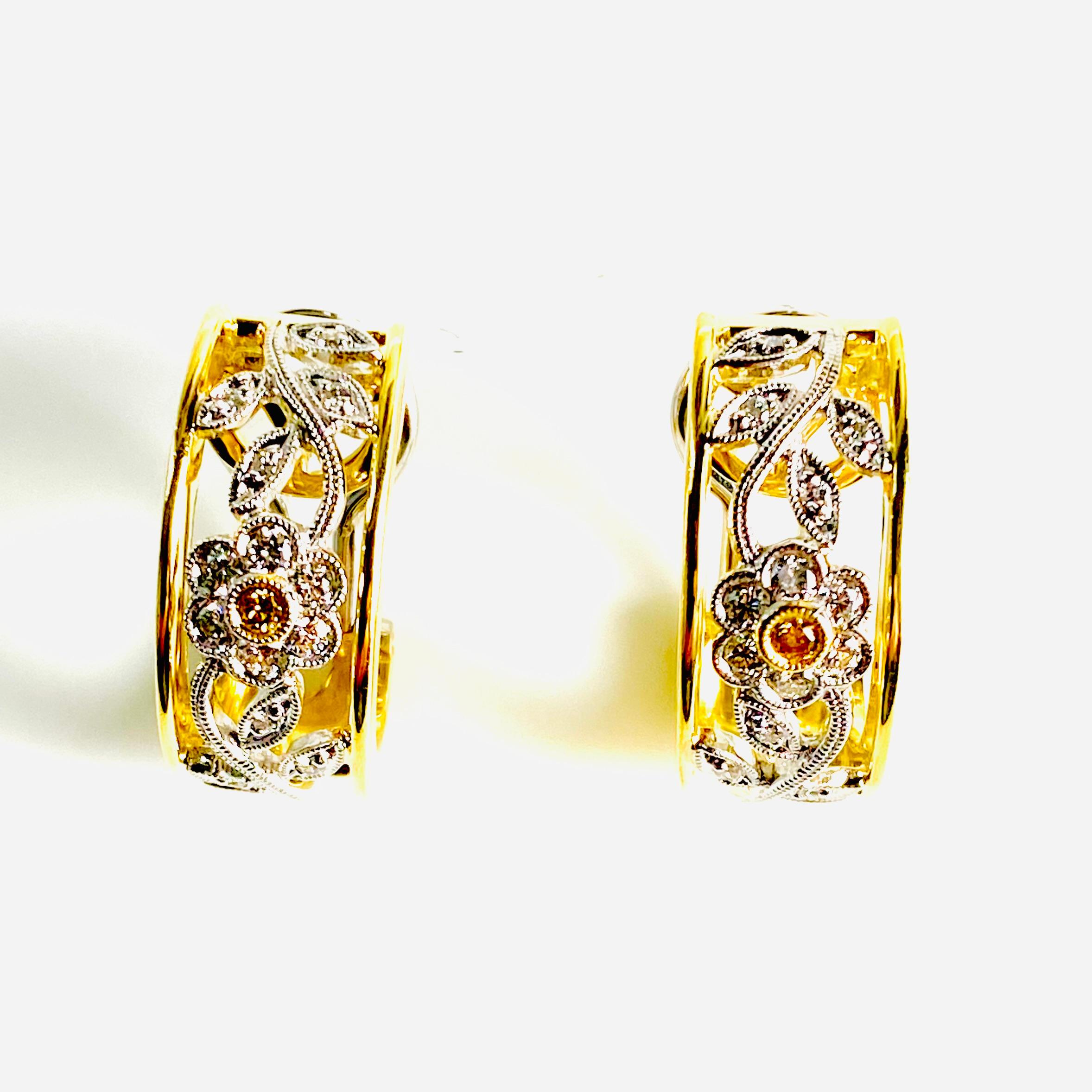 Vintage Simon G. 18K White & Yellow Gold Floral Diamond Huggie Hoop Earrings For Sale 5
