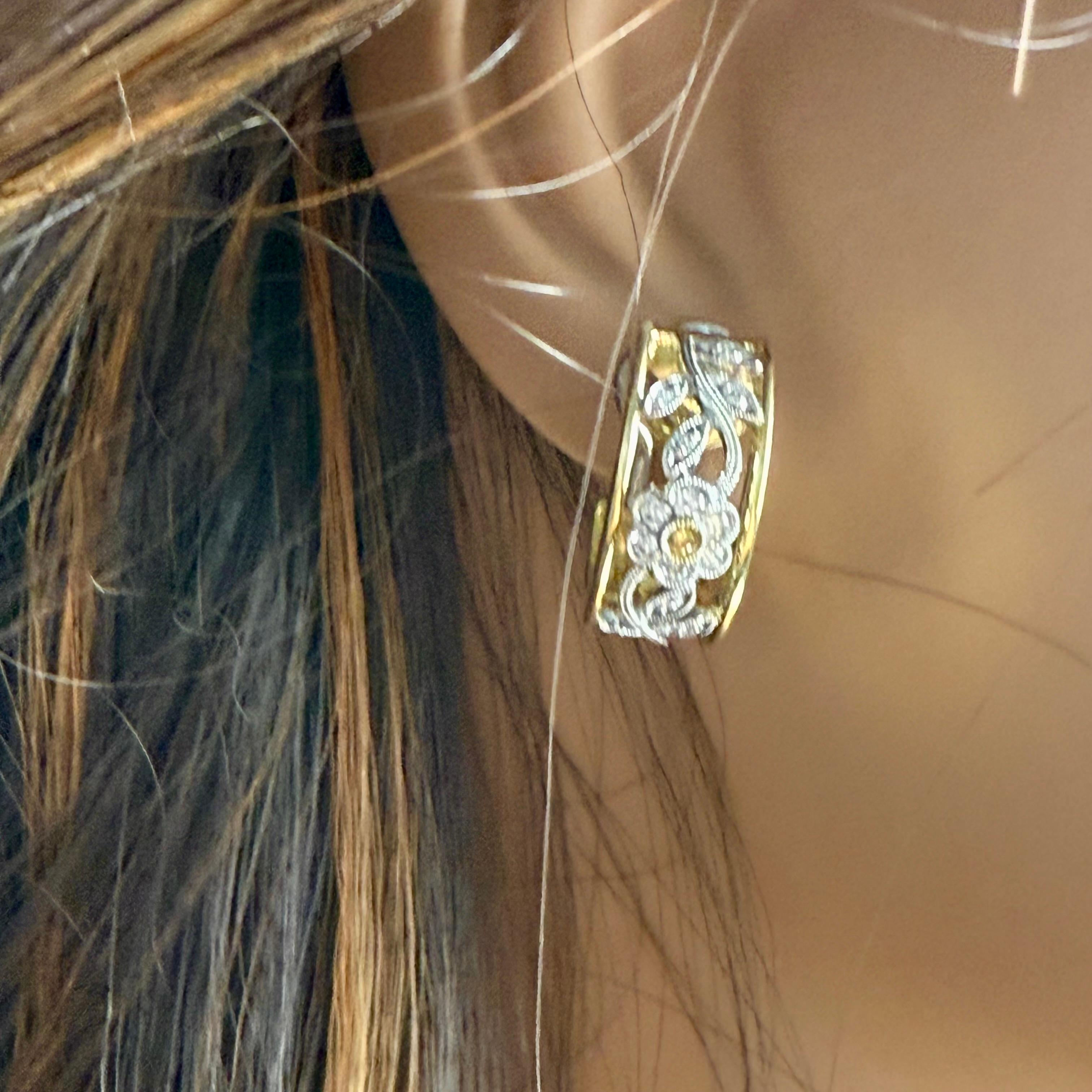 Modern Vintage Simon G. 18K White & Yellow Gold Floral Diamond Huggie Hoop Earrings For Sale