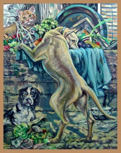 Vintage Simon Michael Dogs and Cat Painting