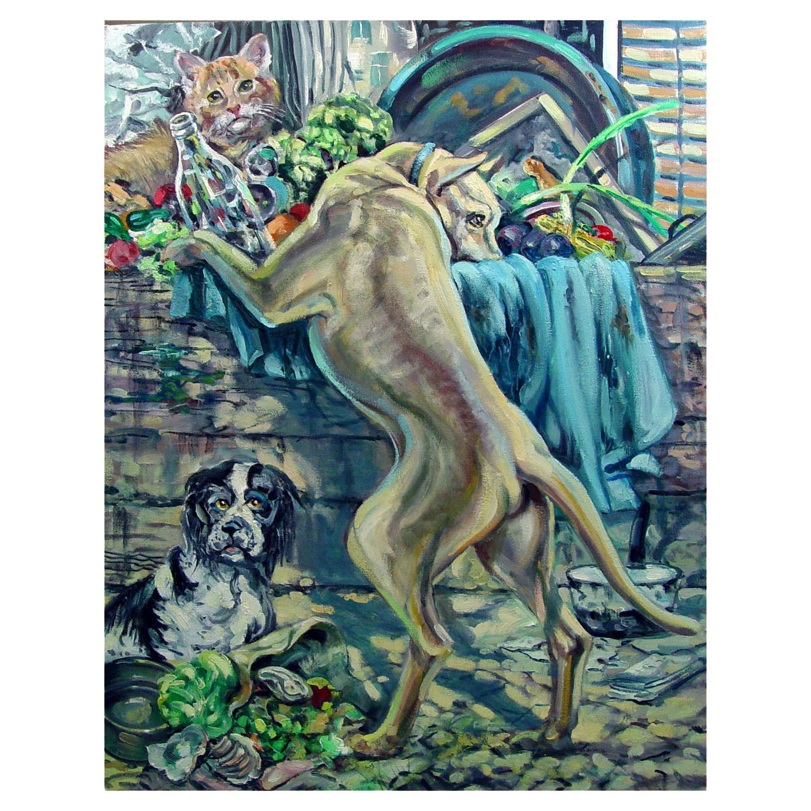 Vintage Simon Michael Dogs and Cat Painting For Sale