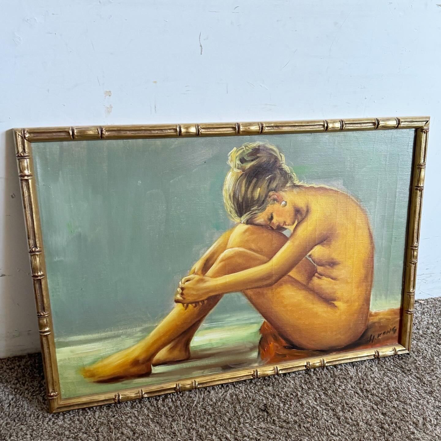 Discover the serene beauty and classic elegance captured in this Vintage Signed Oil Painting of a Nude Woman. Seated in a moment of introspection, this piece showcases skilled brushwork and the interplay of light and shadow, bringing the subject's
