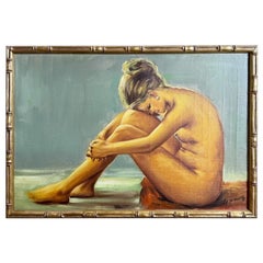 Singtes und gerahmtes Ölgemälde einer nackten Frau, Vintage
