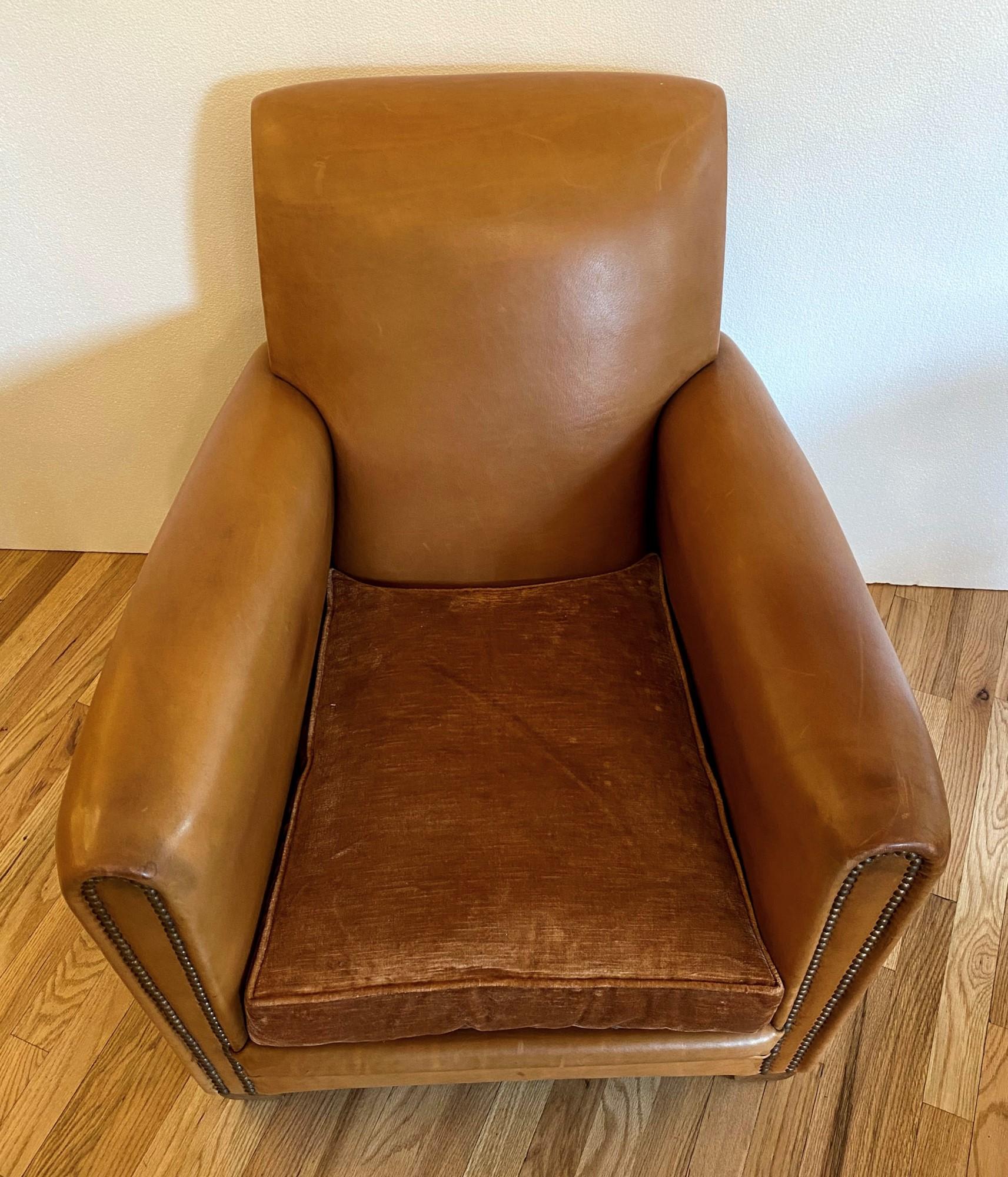 20th Century Vintage Single French Art Deco Brown Leather Club Chair with Mohair Covered Seat