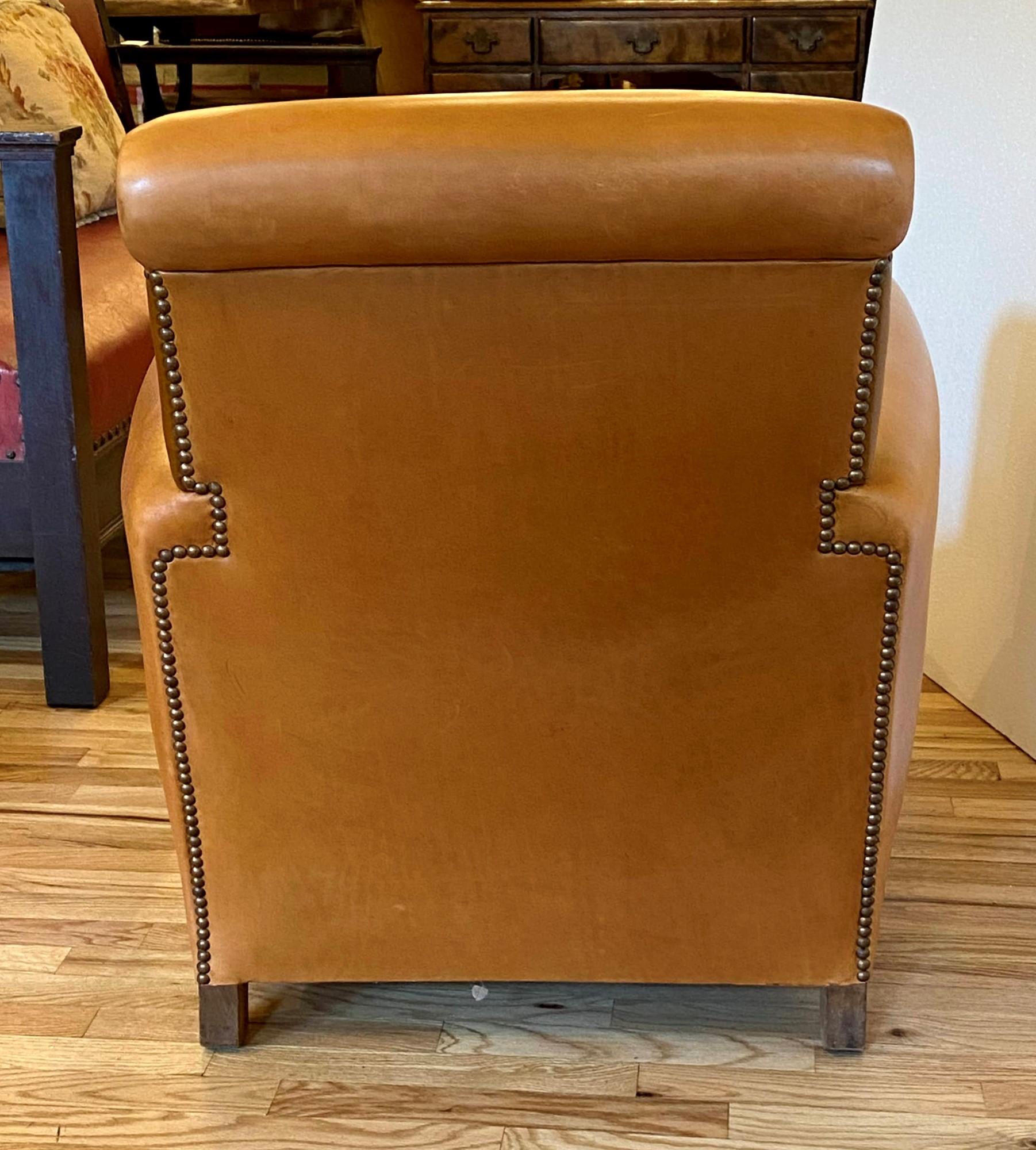 Vintage Single French Art Deco Brown Leather Club Chair with Mohair Covered Seat 3