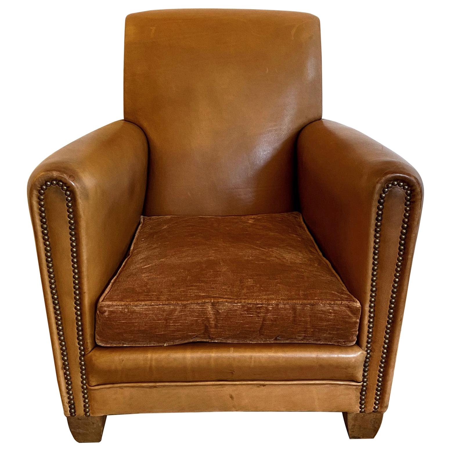 Vintage Single French Art Deco Brown Leather Club Chair with Mohair Covered Seat