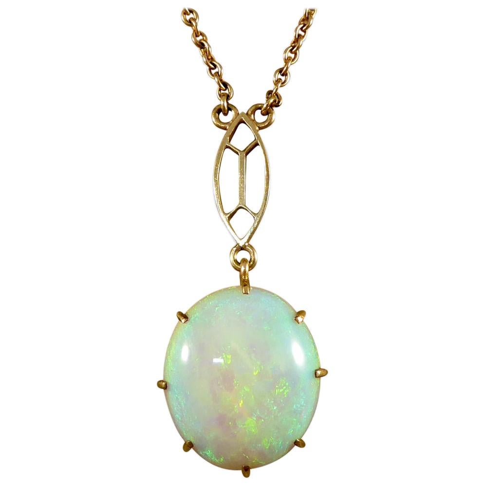 Vintage Single Opal Pendant Necklace on Bail Linked 9 Carat Yellow Gold Chain