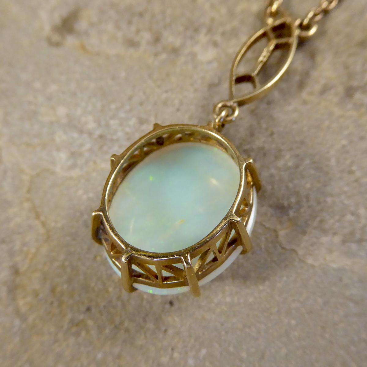 Edwardian Vintage Single Opal Pendant Necklace on Bail Linked 9 Carat Yellow Gold Chain