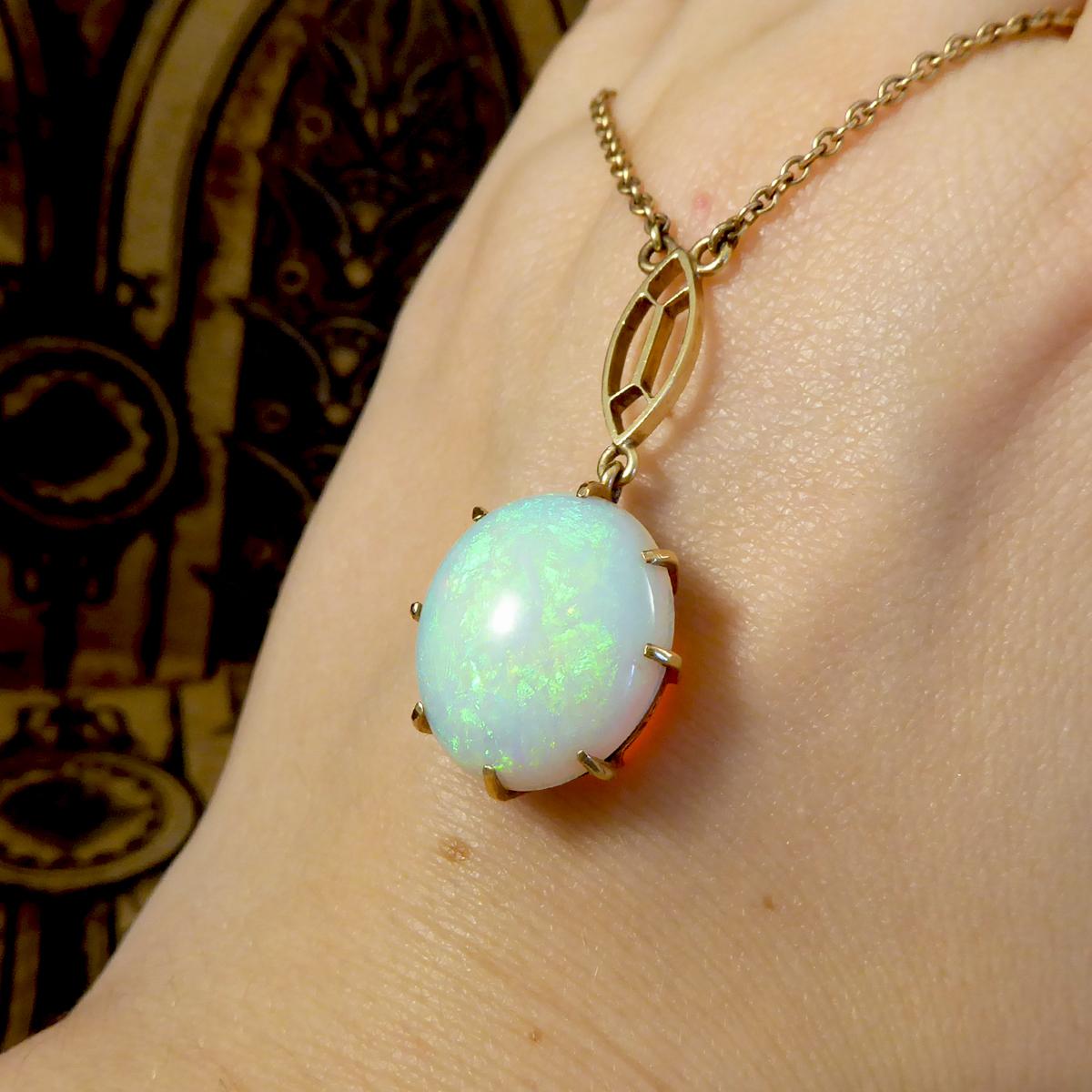 Oval Cut Vintage Single Opal Pendant Necklace on Bail Linked 9 Carat Yellow Gold Chain