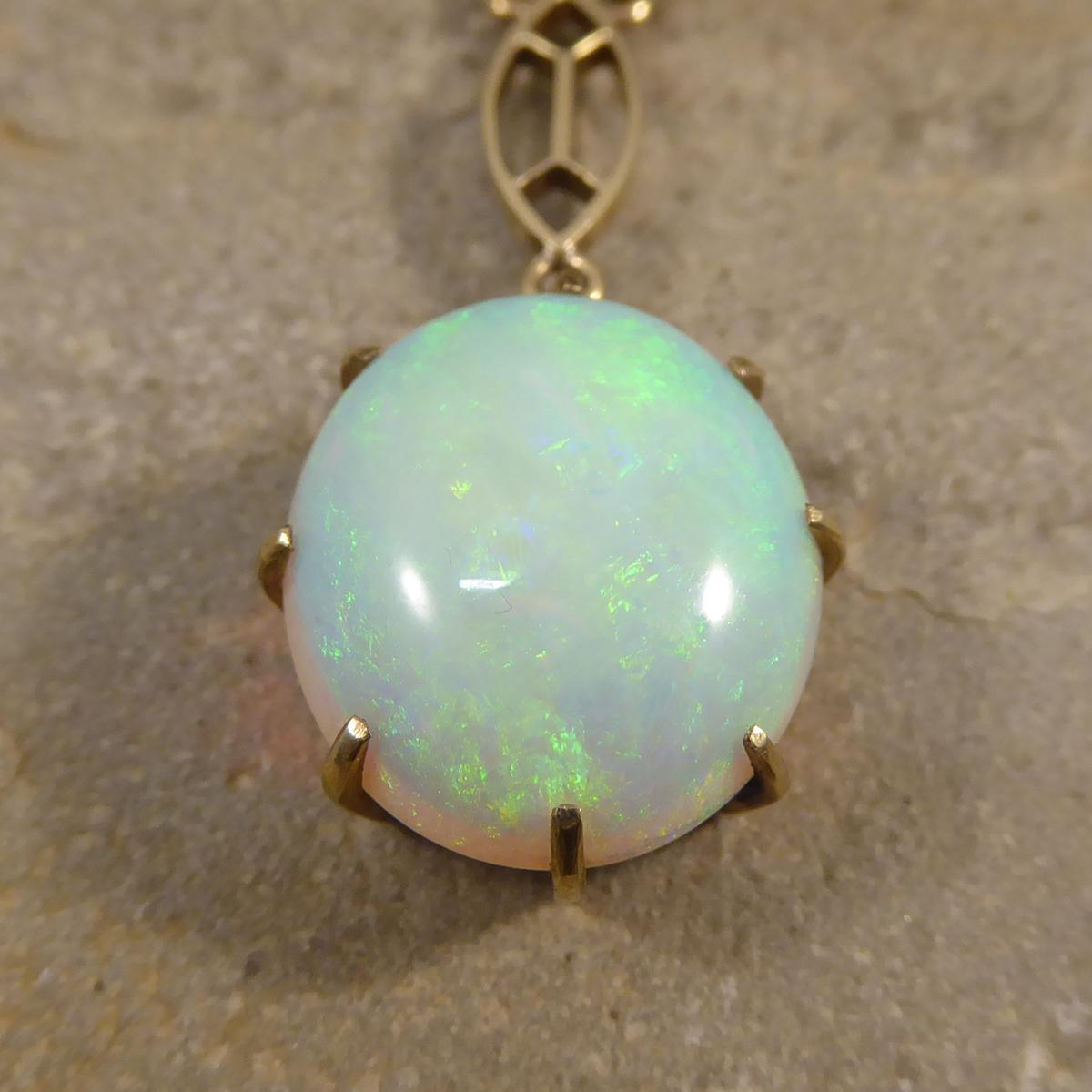 Vintage Single Opal Pendant Necklace on Bail Linked 9 Carat Yellow Gold Chain 1