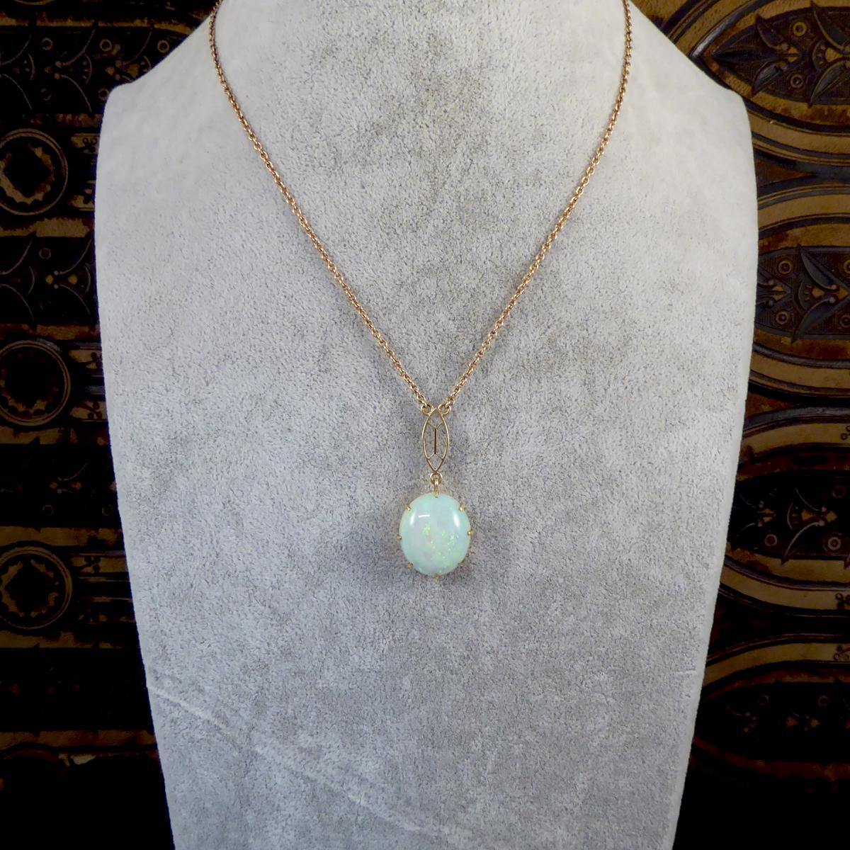 Vintage Single Opal Pendant Necklace on Bail Linked 9 Carat Yellow Gold Chain 2