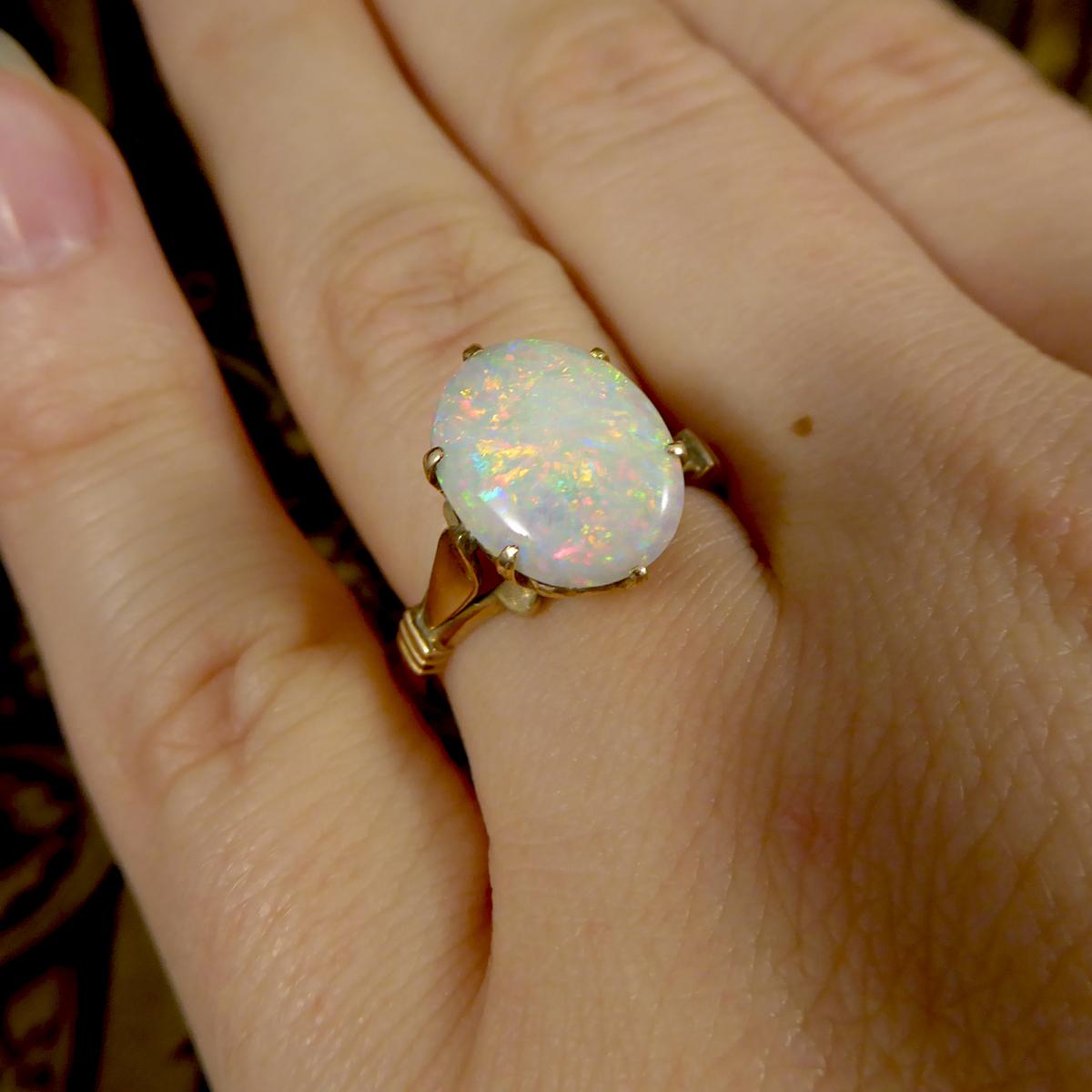 Edwardian Vintage Single Oval Opal Ring in 9 Carat Yellow Gold with Heart Detailed Gallery