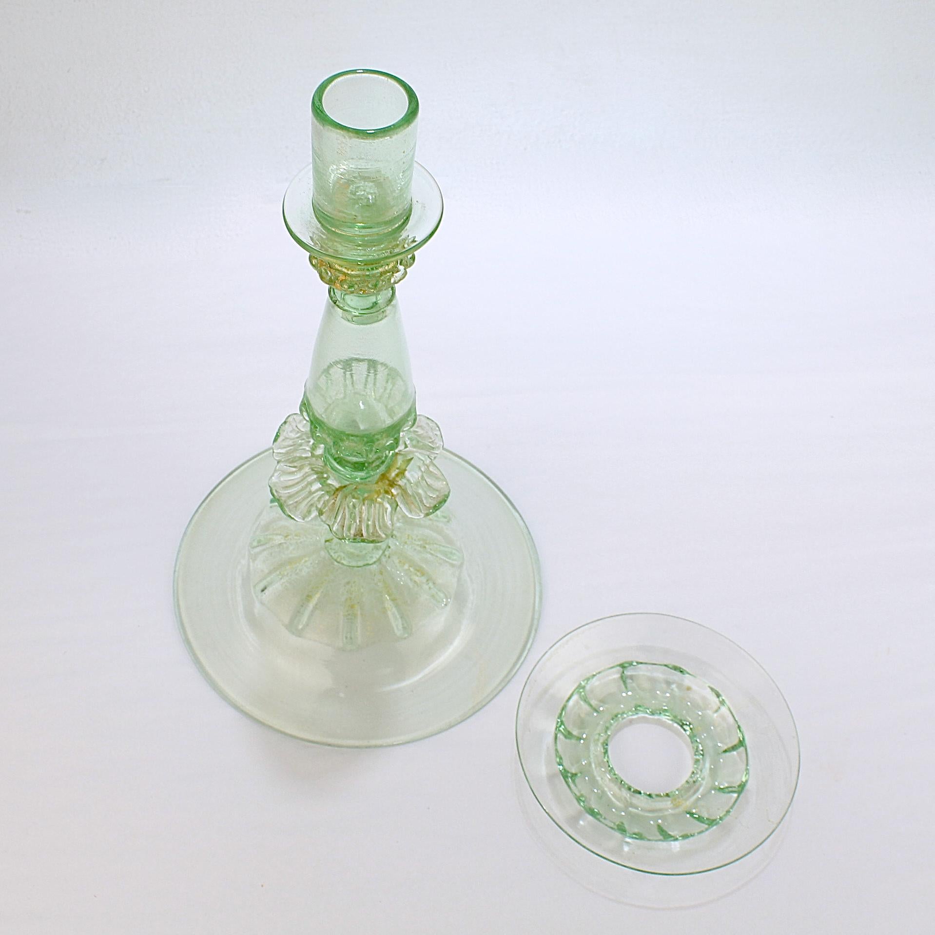 Art Glass Vintage Single Salviati Venetian/Murano Floral Green Glass Candlestick For Sale
