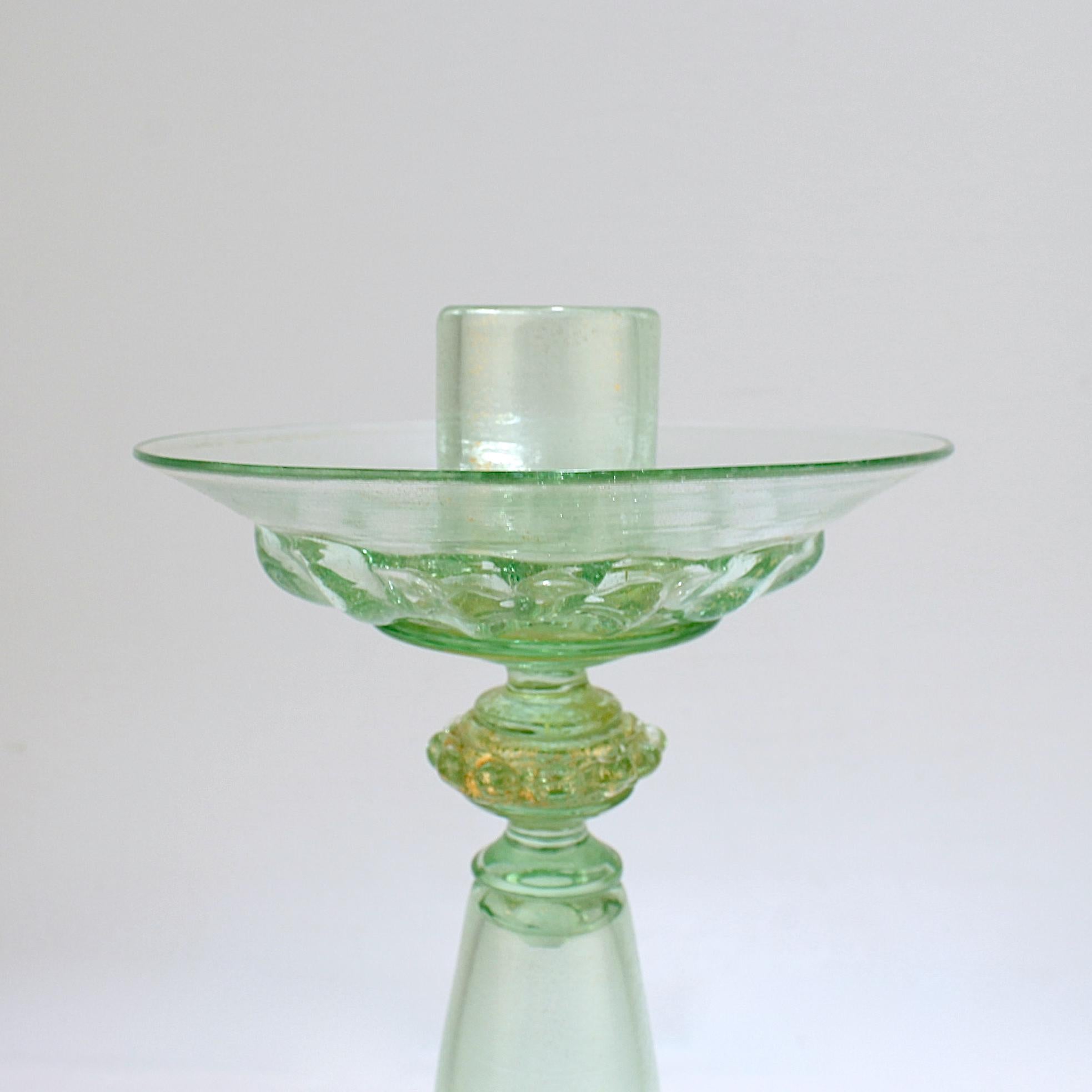 Renaissance Revival Vintage Single Salviati Venetian/Murano Floral Green Glass Candlestick For Sale