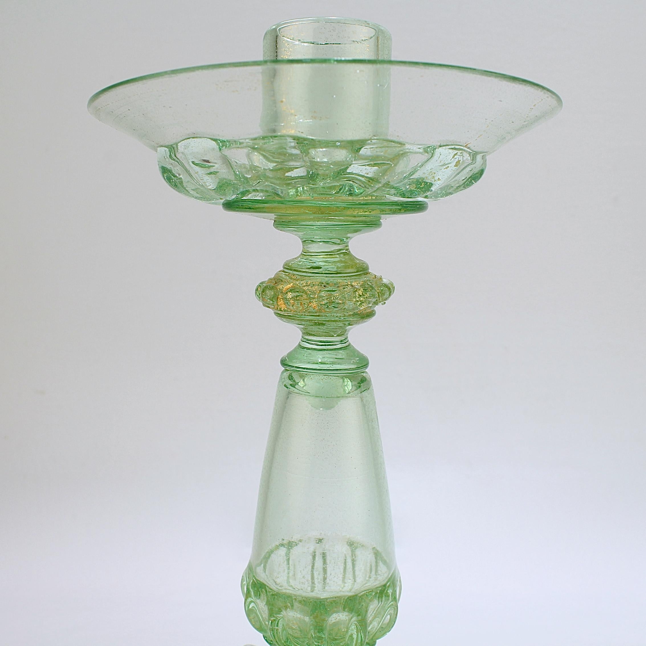 Italian Vintage Single Salviati Venetian/Murano Floral Green Glass Candlestick For Sale