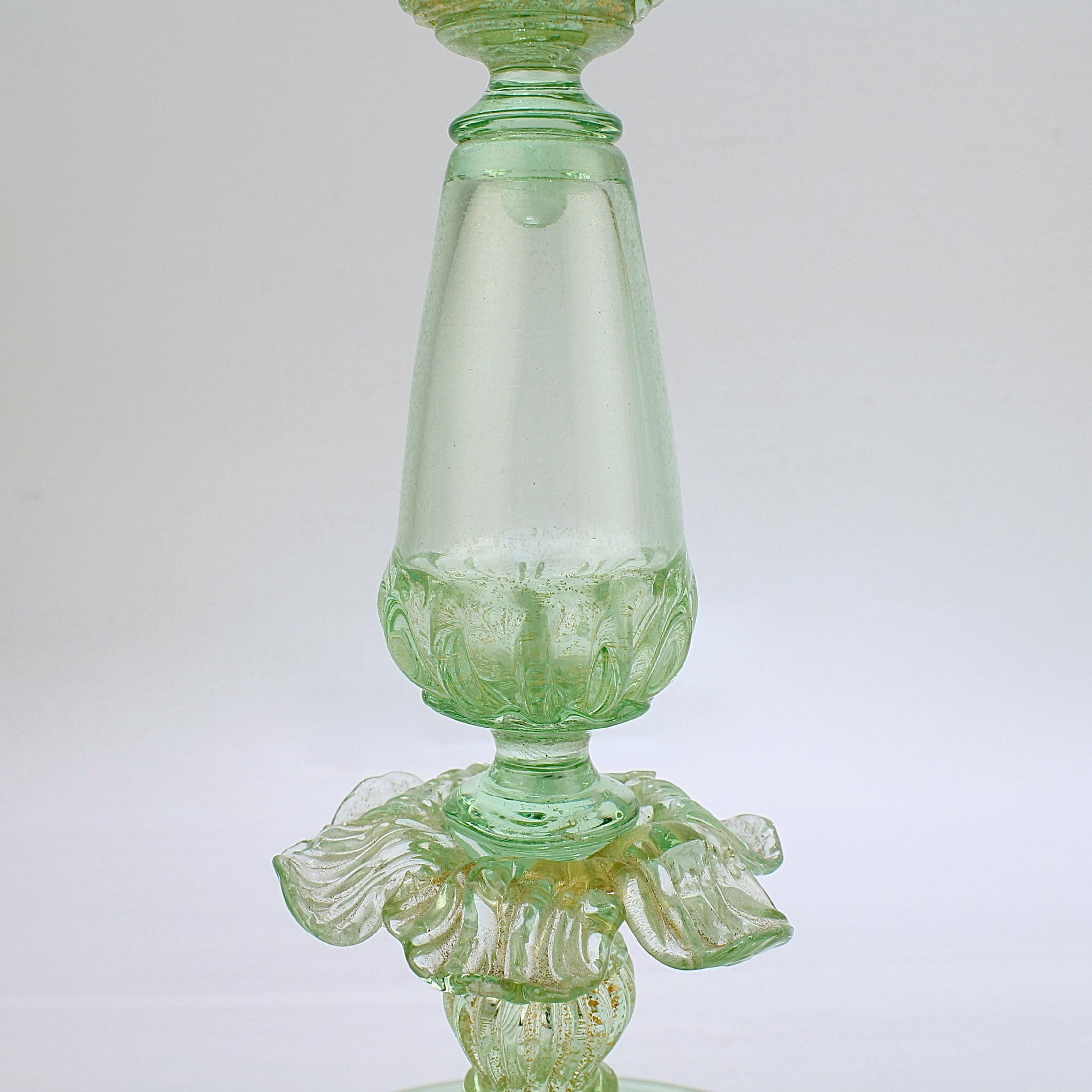 Vintage Single Salviati Venetian/Murano Floral Green Glass Candlestick In Good Condition For Sale In Philadelphia, PA