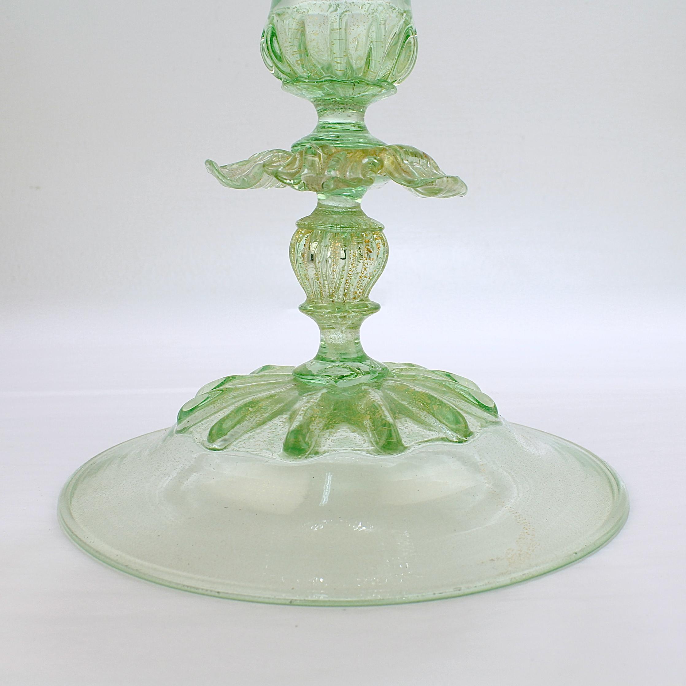20th Century Vintage Single Salviati Venetian/Murano Floral Green Glass Candlestick For Sale
