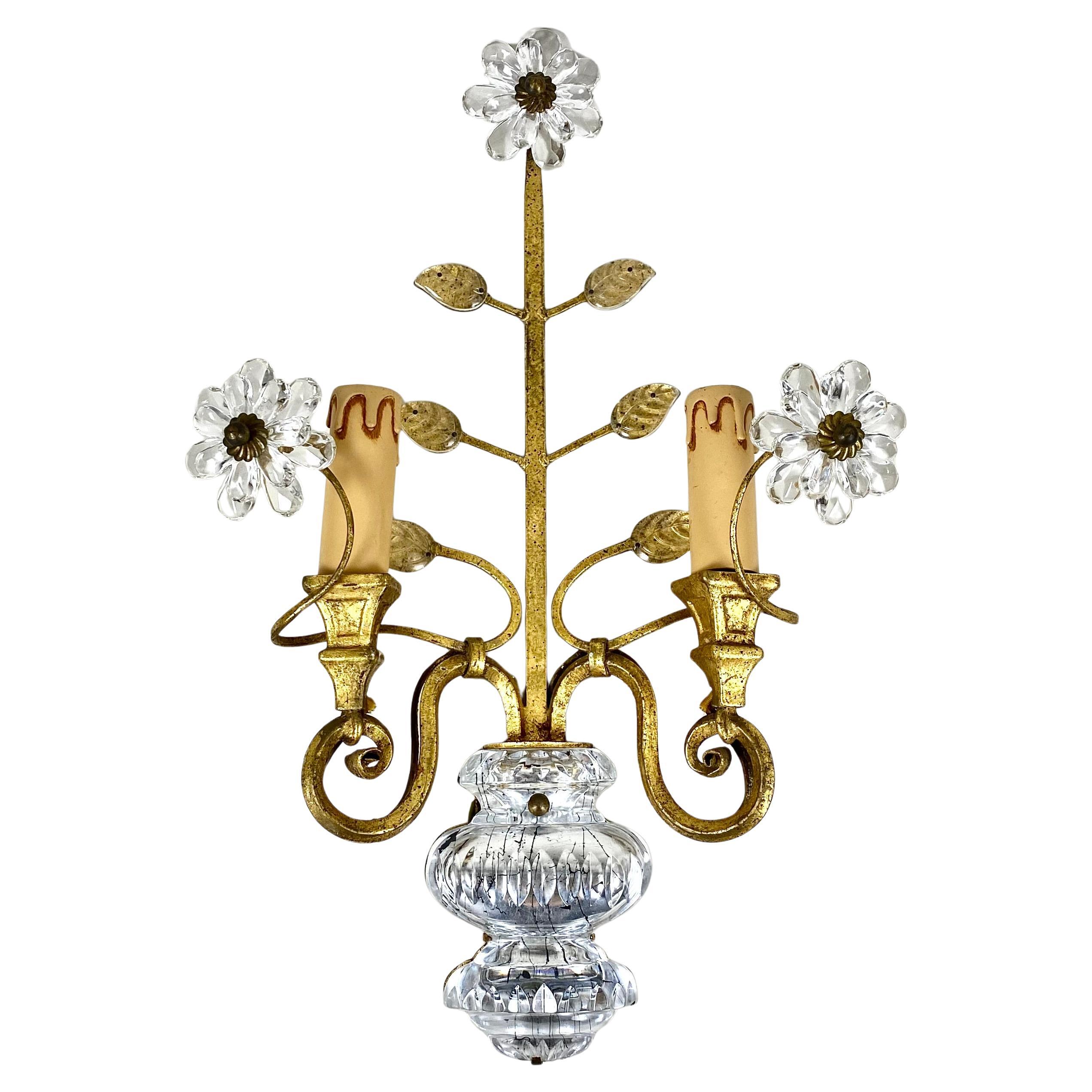 Vintage Single Wall Sconce French Gilt Metal & Crystal Wall Light, MAISON Bagues