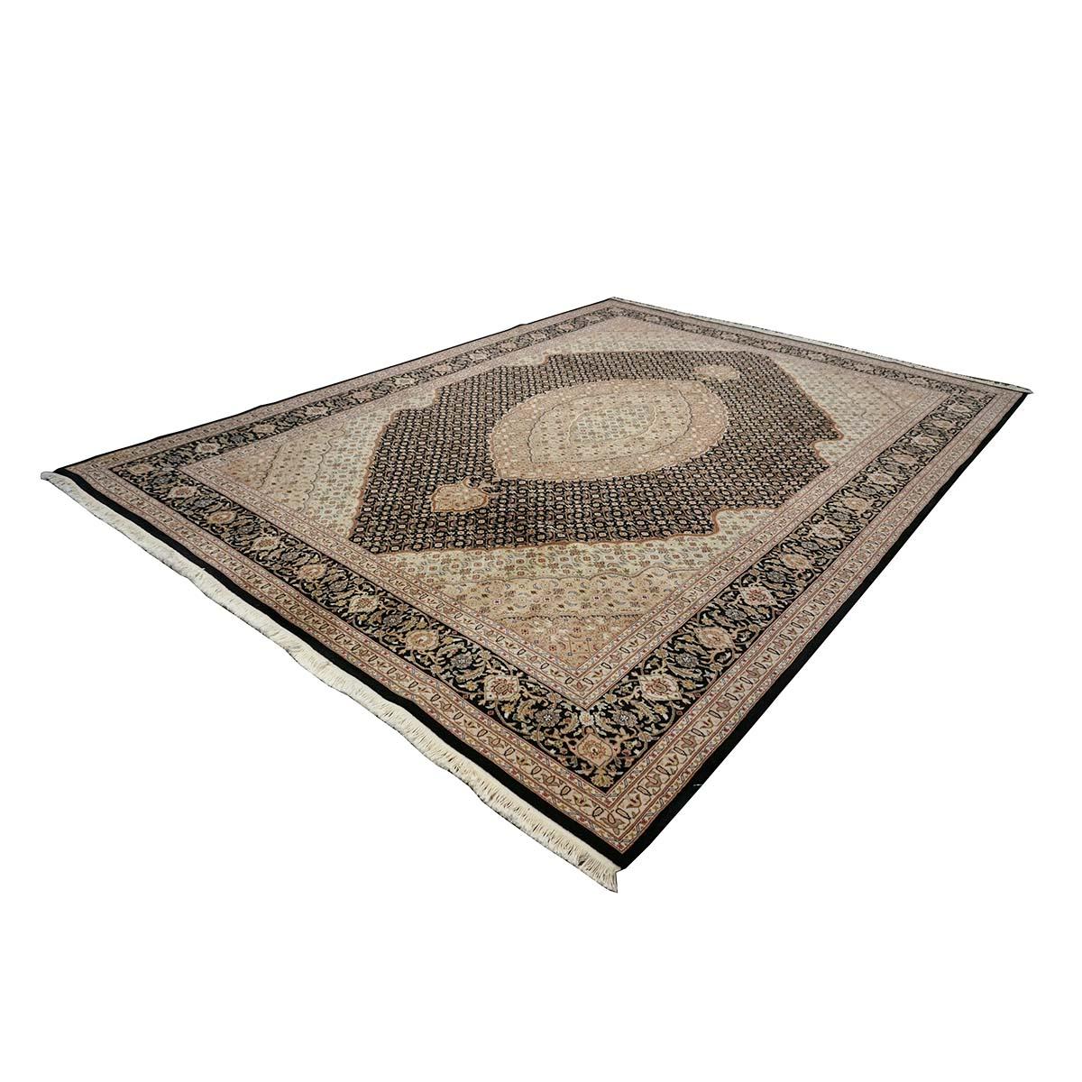 Handgefertigter Vintage Sino-Persischer Täbris Mahi 9x12 Teppich in Schwarz, Elfenbein & Taupe (Tabriz) im Angebot