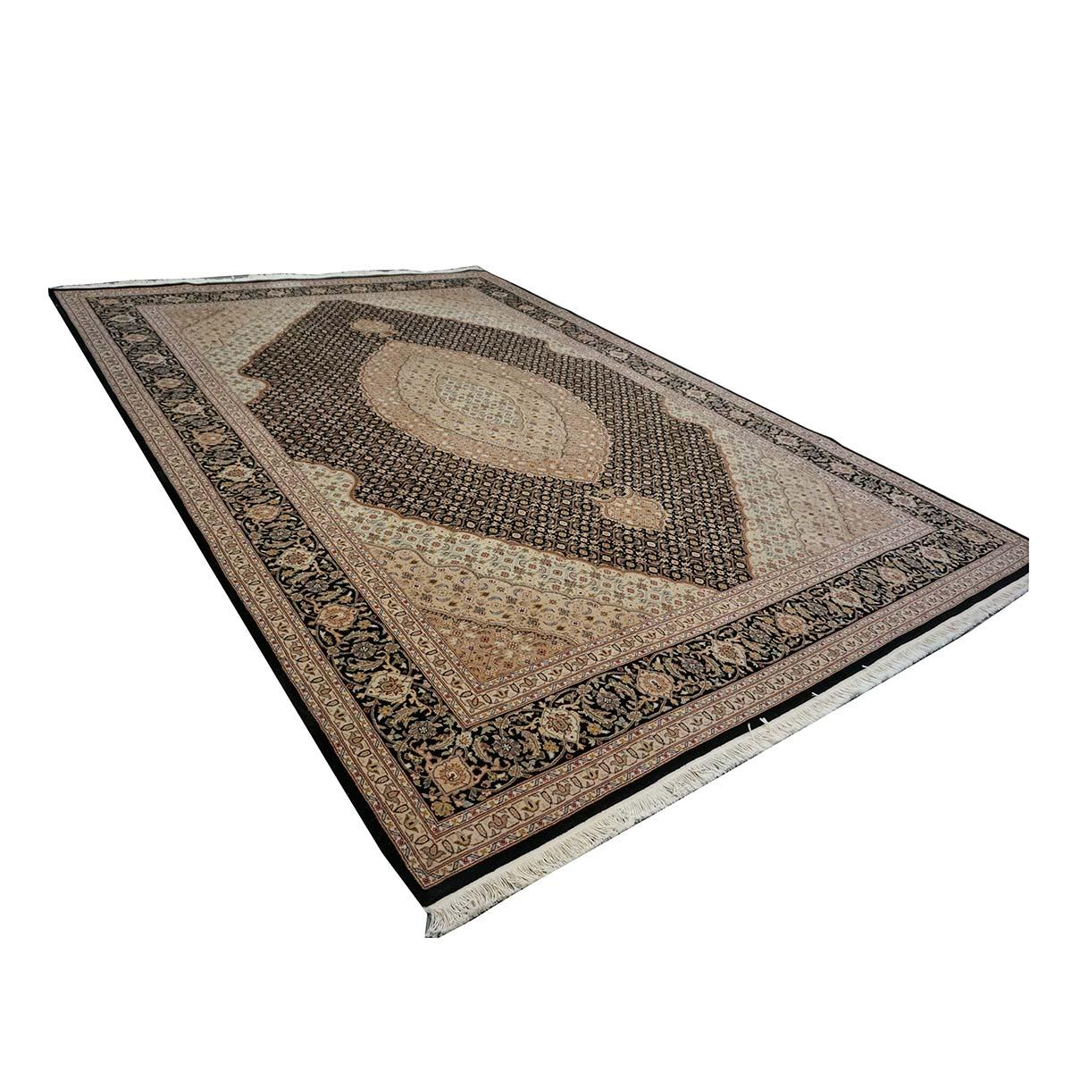 Handgefertigter Vintage Sino-Persischer Täbris Mahi 9x12 Teppich in Schwarz, Elfenbein & Taupe (Chinesisch) im Angebot
