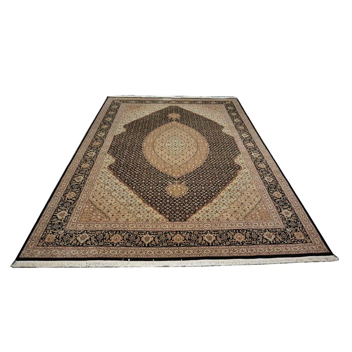 Vintage Sino-Persian Tabriz Mahi 9x12 Black, Ivory, & Taupe Handmade Area Rug In Good Condition For Sale In Houston, TX