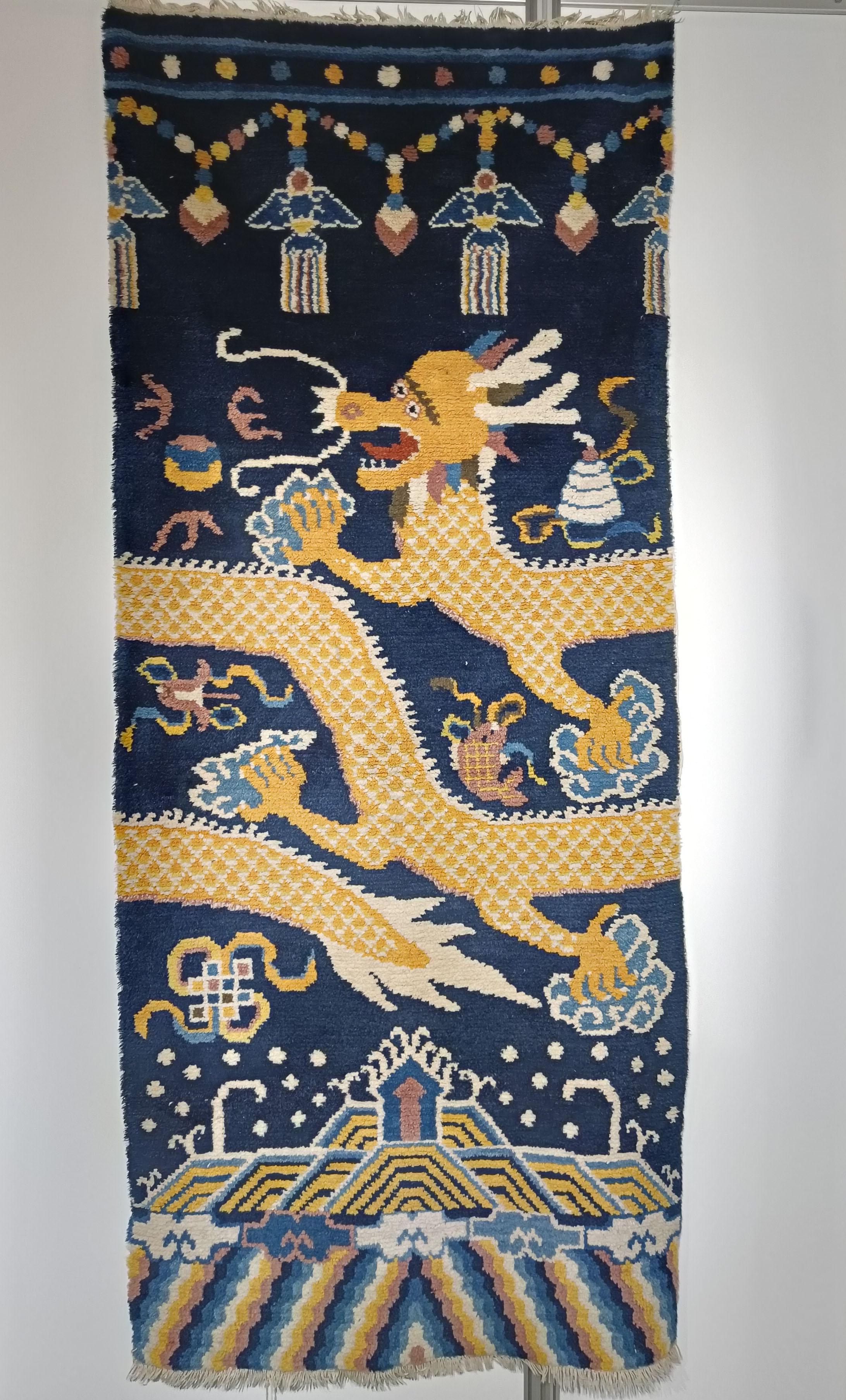 Hand-Crafted Vintage Sino Tibetan Dragon rug carpet China Asian antiques Textiles