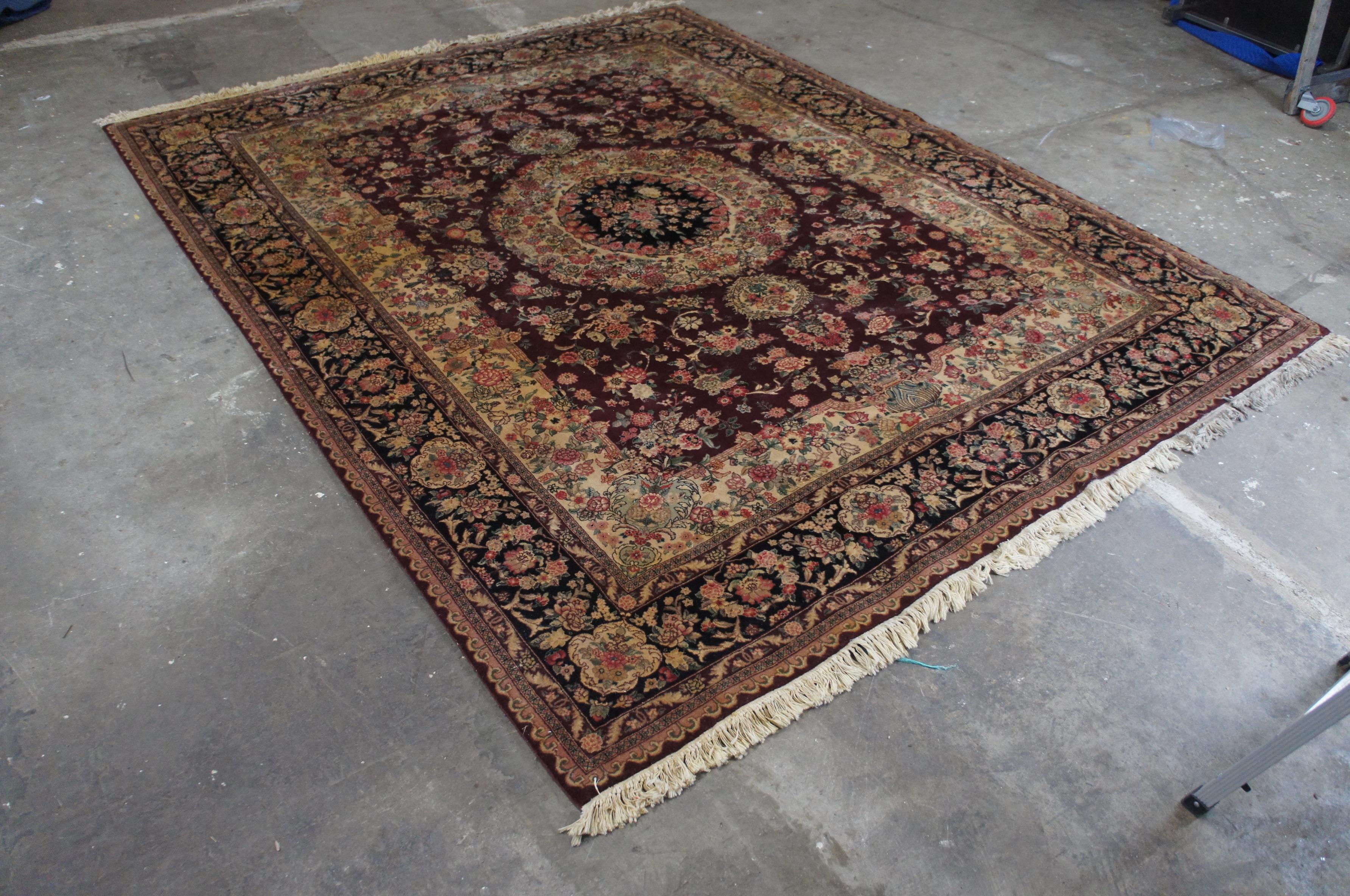 20th Century Vintage Sino Yazd Persian Hand Knotted Burgundy Wool Area Rug Carpet 8' x 10' For Sale