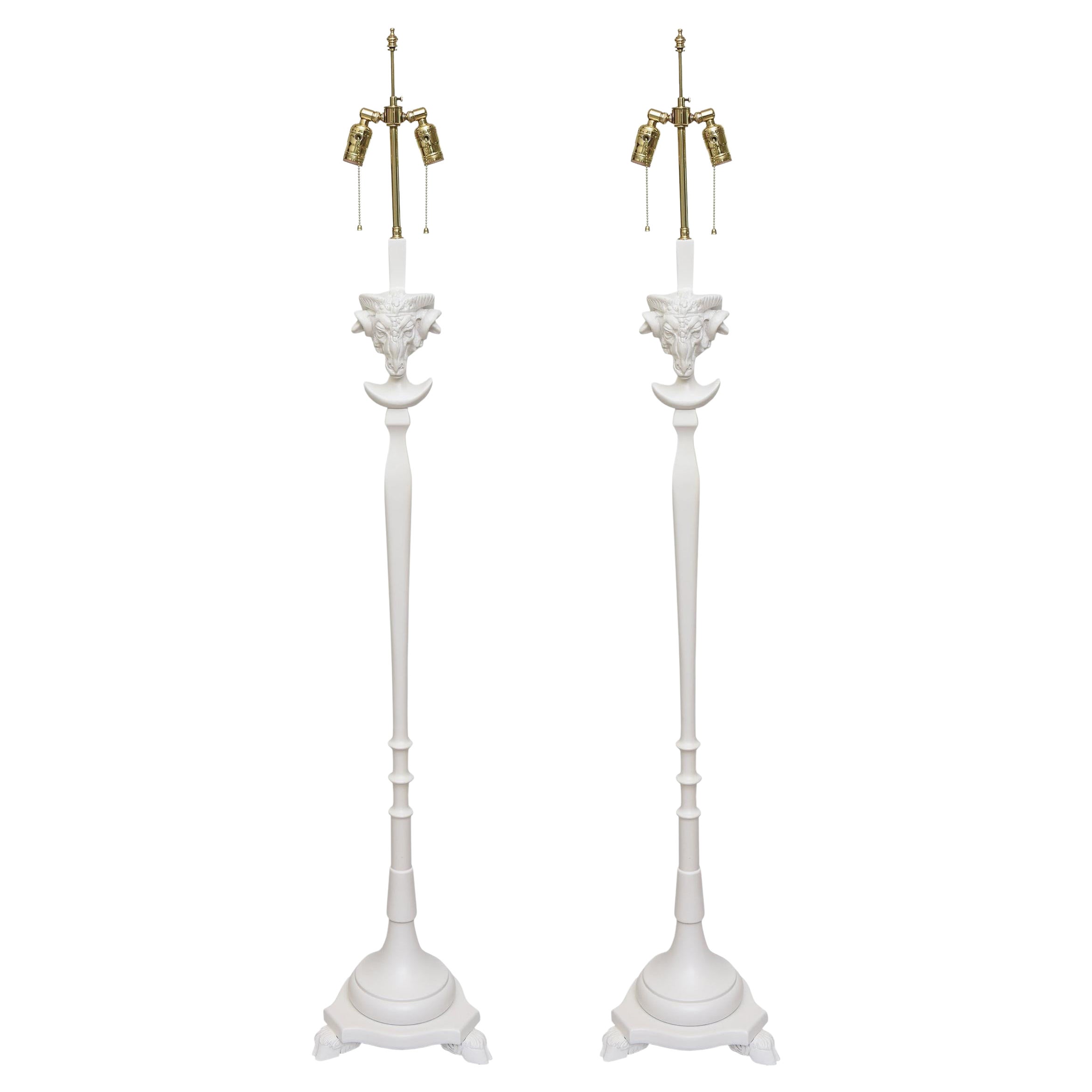 Vintage Sirmos Wood Rams Head Floor Lamps with Brass Fittings Restored Pair Of