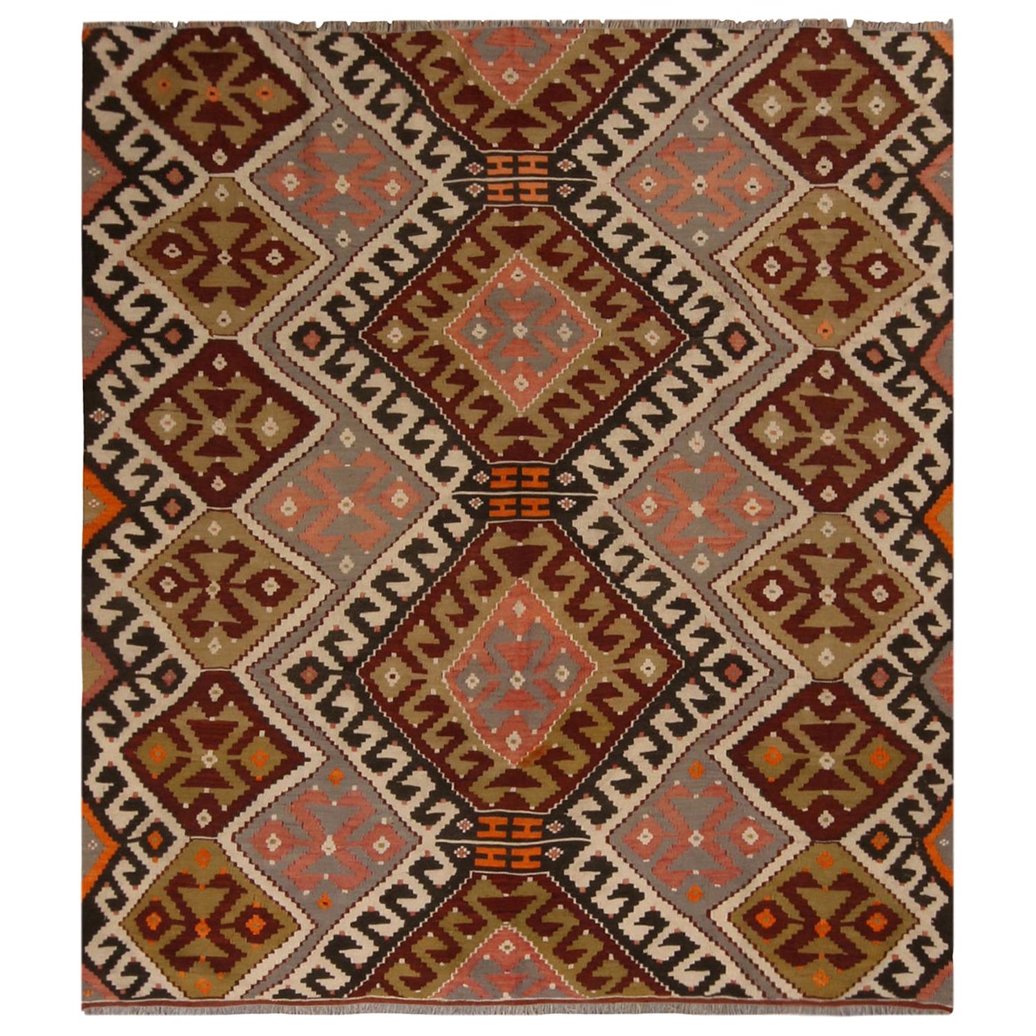 Vintage Geometric Blue and Green Wool Kilim Rug with MultiColor