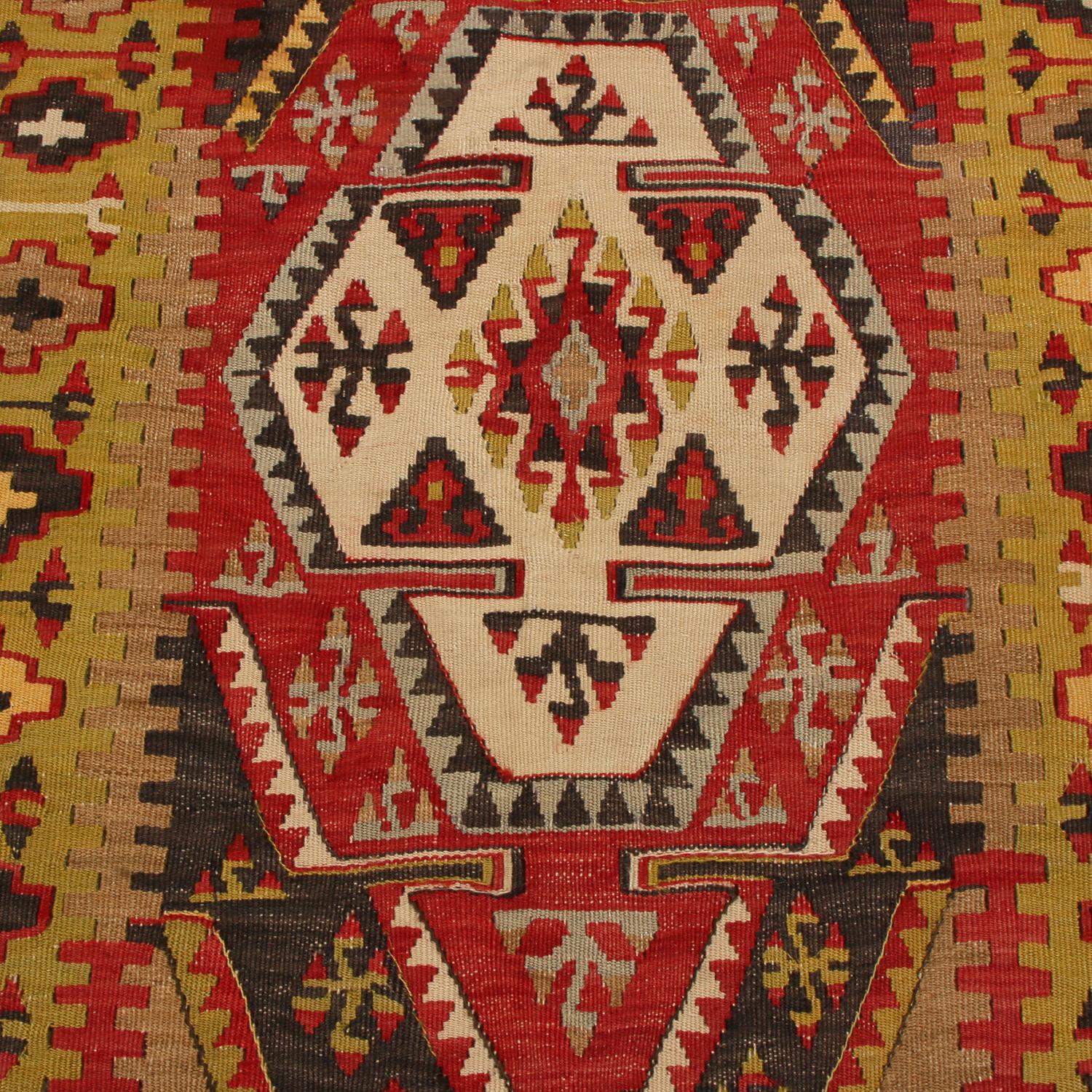 Hand-Woven Vintage Sivas Green and Red Wool Kilim Rug