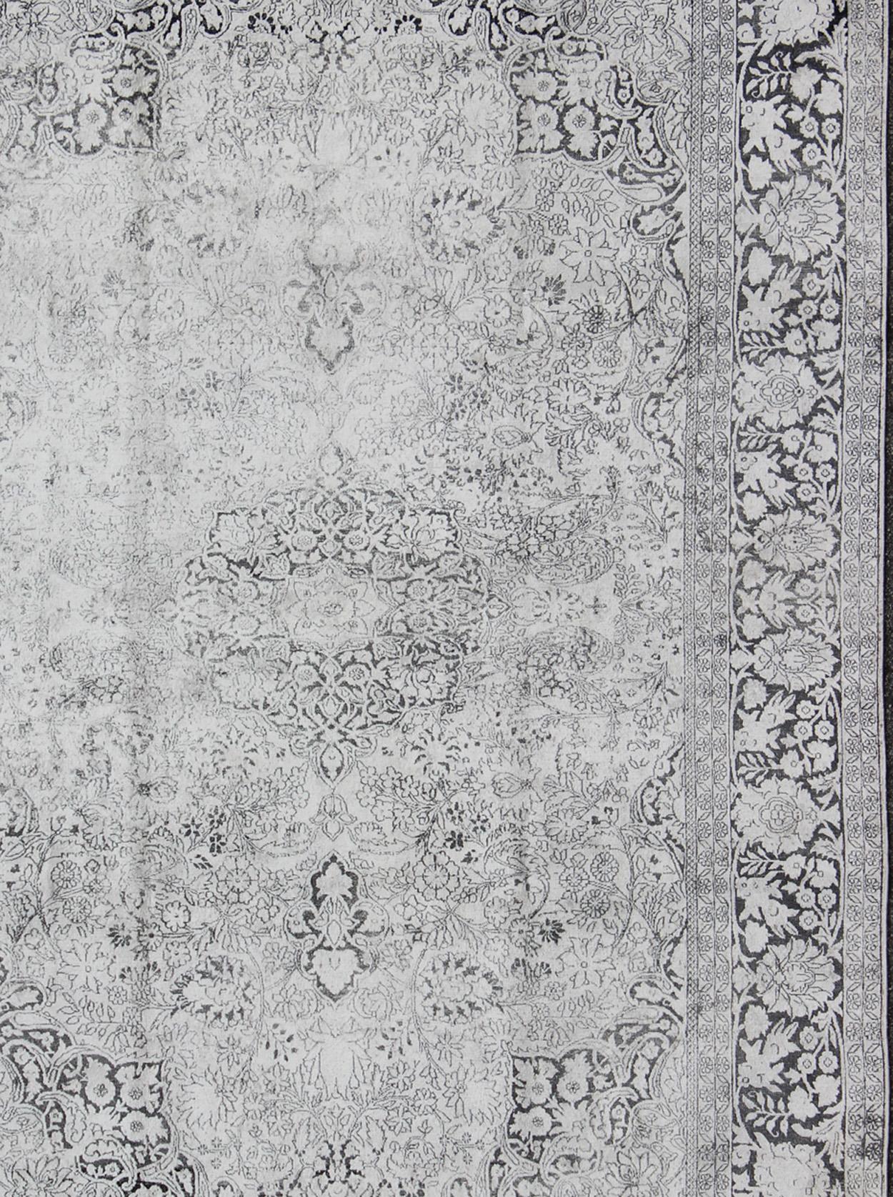 Oushak Vintage Sivas Wool and Silk Rug in White, Gray, Black and Charcoal For Sale