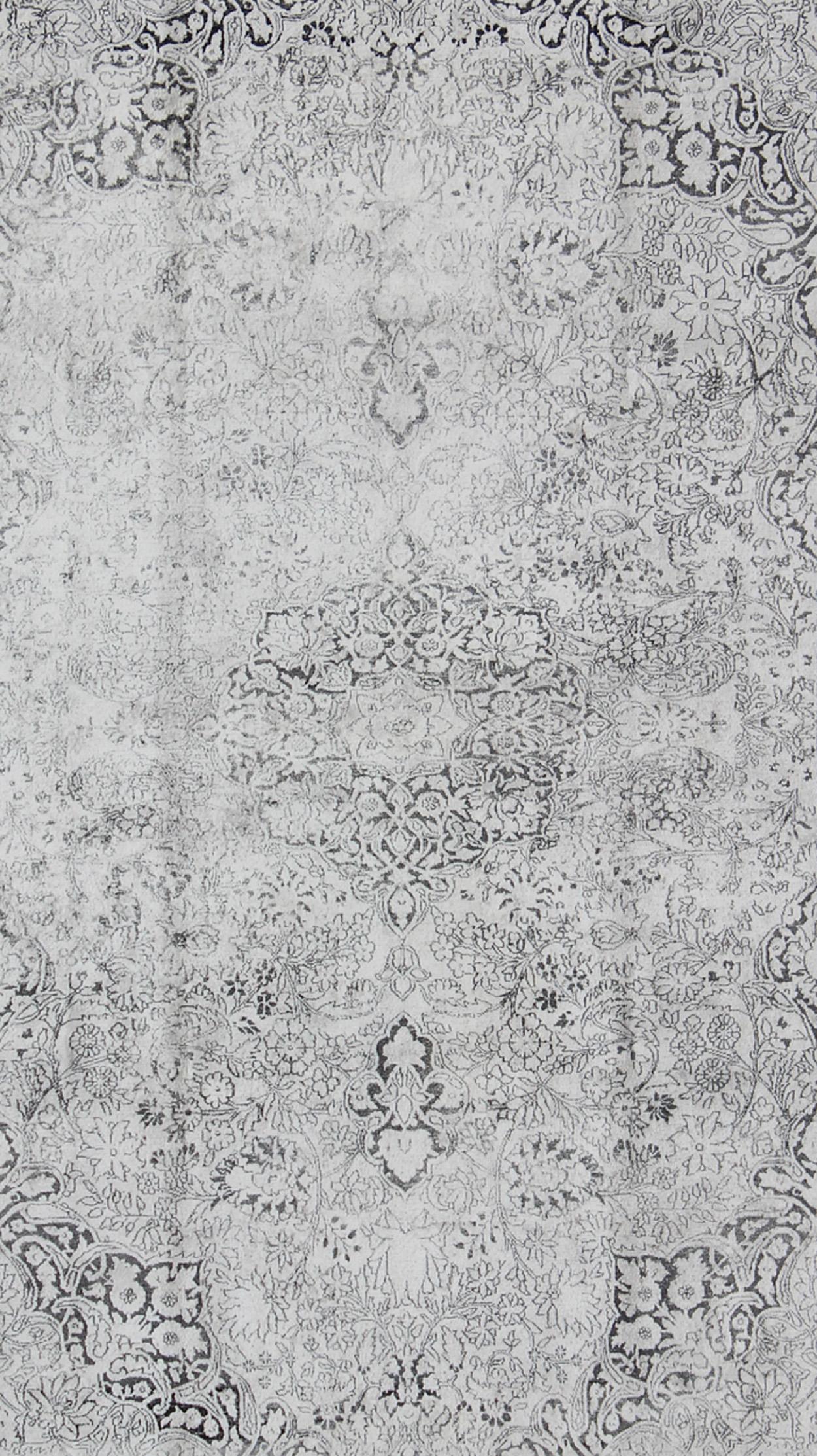 Turkish Vintage Sivas Wool and Silk Rug in White, Gray, Black and Charcoal For Sale