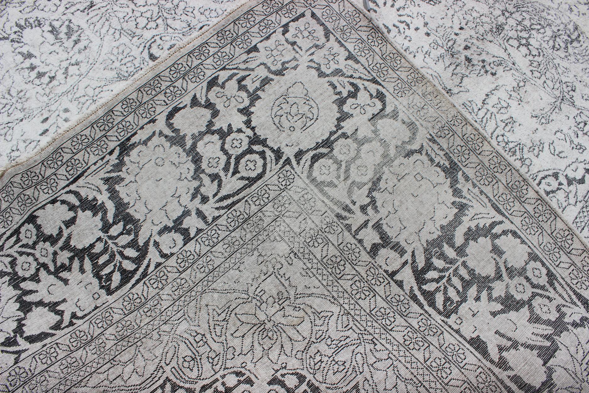Vintage Sivas Wool and Silk Rug in White, Gray, Black and Charcoal For Sale 2