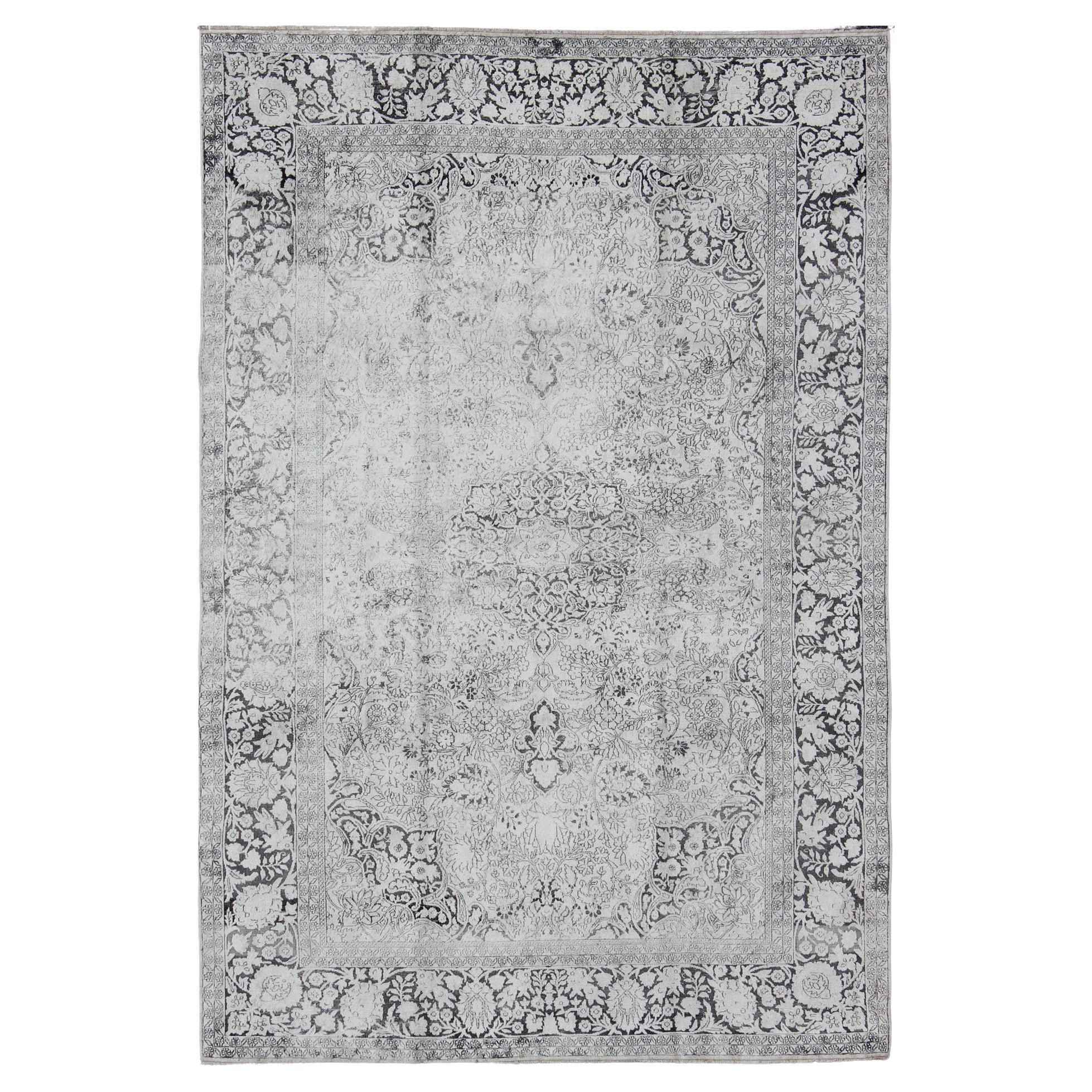 Vintage Sivas Wool and Silk Rug in White, Gray, Black and Charcoal For Sale